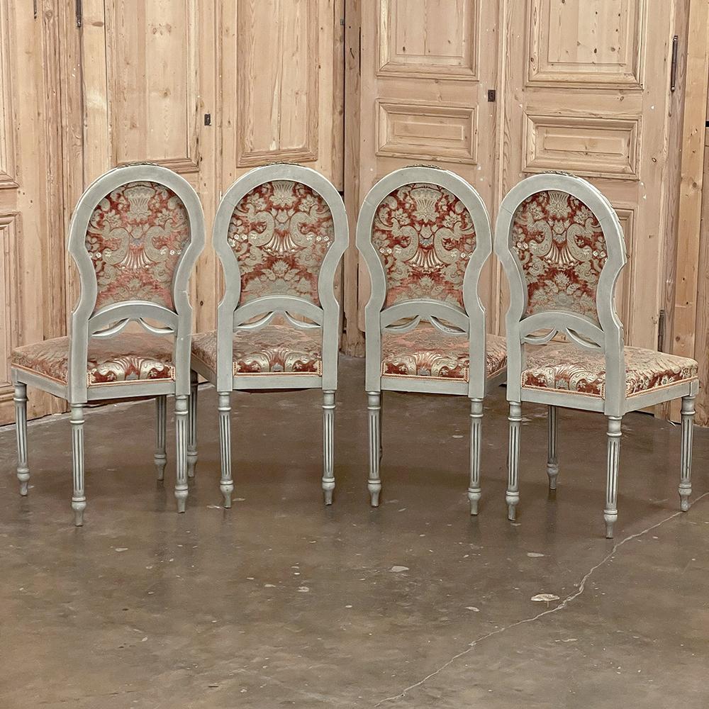 Fabric Set of 4 Antique French Louis XVI Painted Chairs For Sale