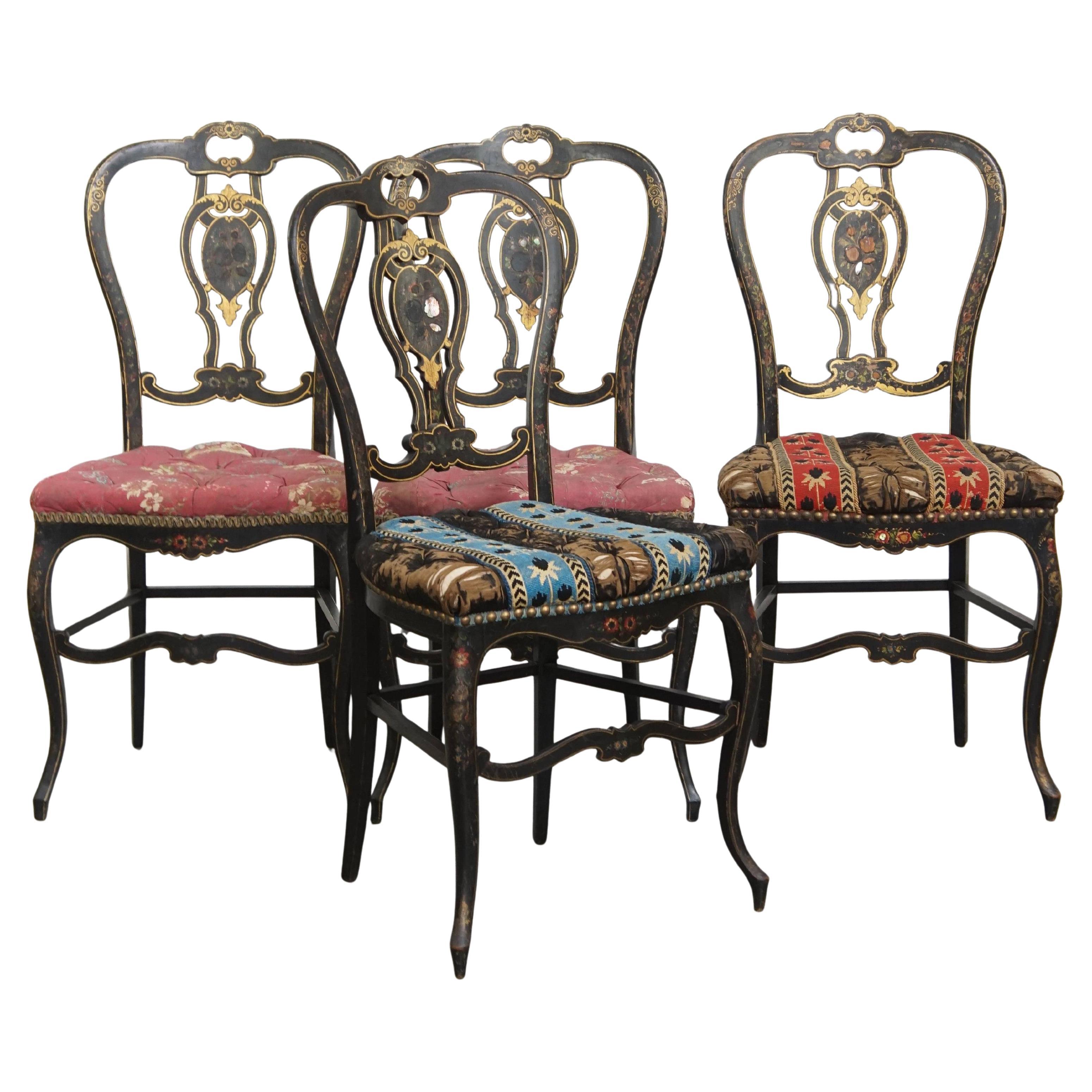 Set di 4 sedie antiche francesi Napoleone III intarsiate in madreperla