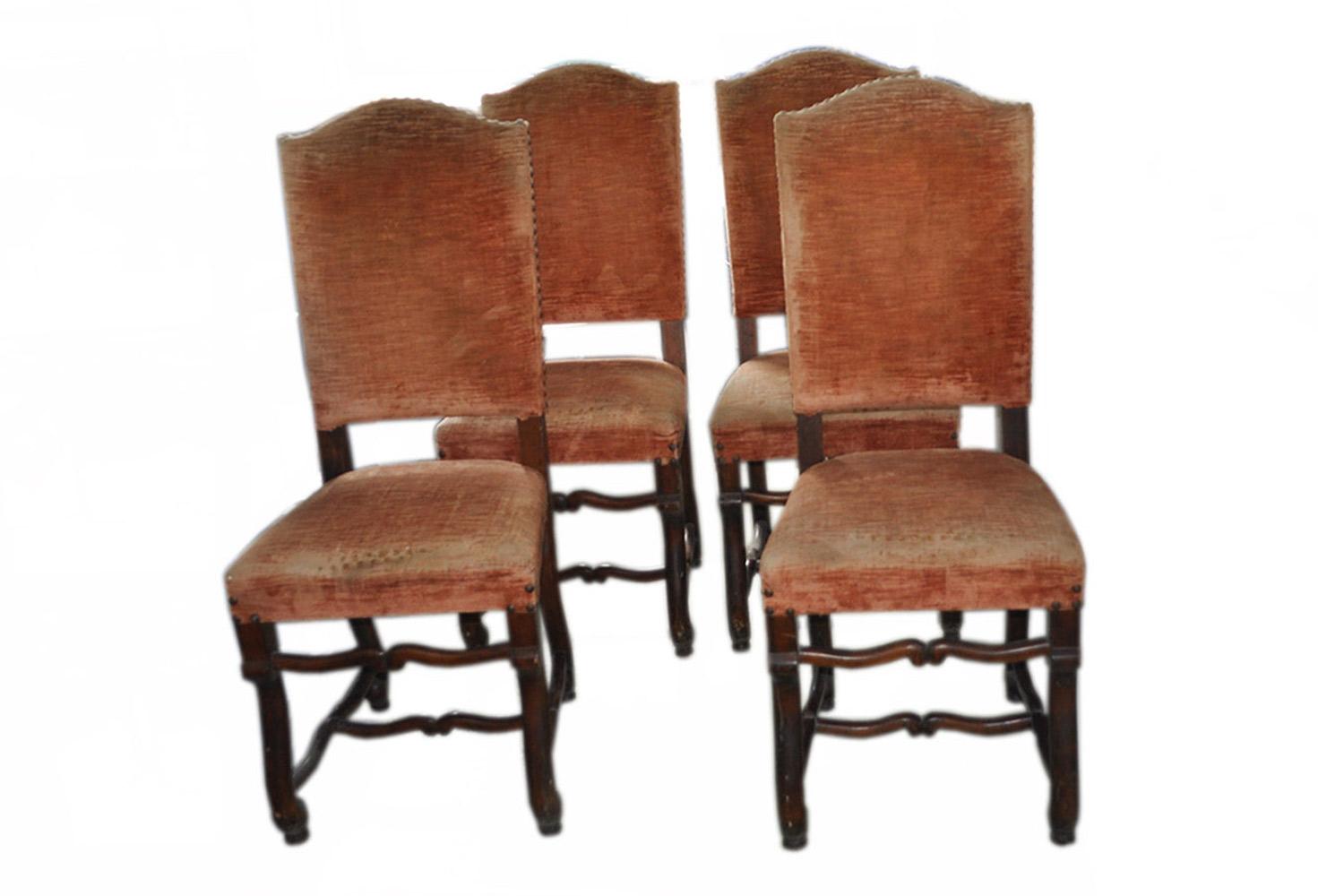 Original set of 4 dining chairs In very good condition for their age, Hardwood frames.
 Chairs are in the Louis XIV style.

Condition: Good. The frames are in nice original condition. Structurally sturdy.

 