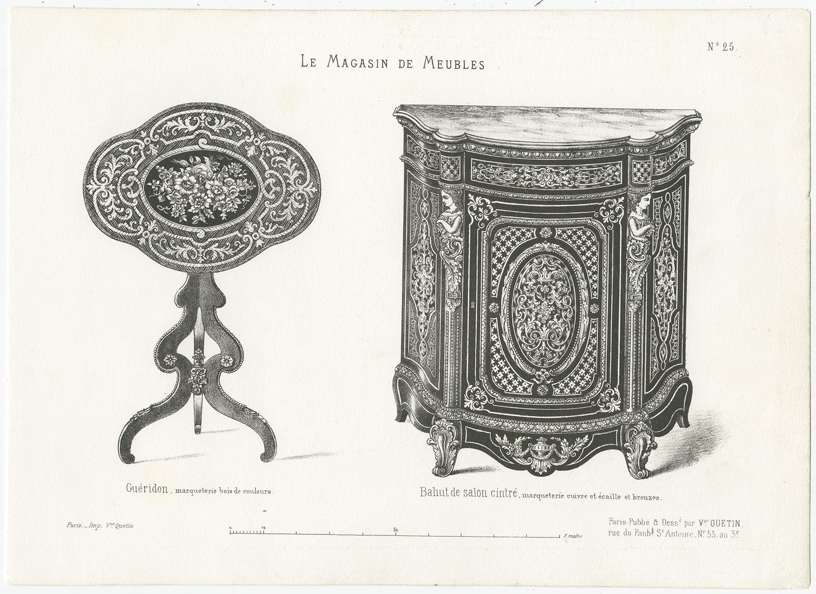 Set of four antique furniture prints depicting various bahuts and étagères. These prints originate from 'Le Magasin de Meubles' by Victor Quetion. Published in Paris, circa 1860.