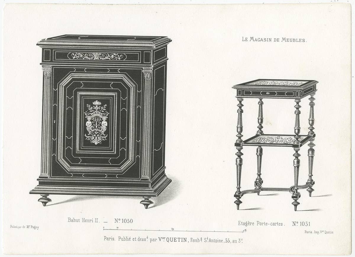 Set of 4 Antique Furniture Prints of Bahuts and Étagères by Quetin, circa 1860