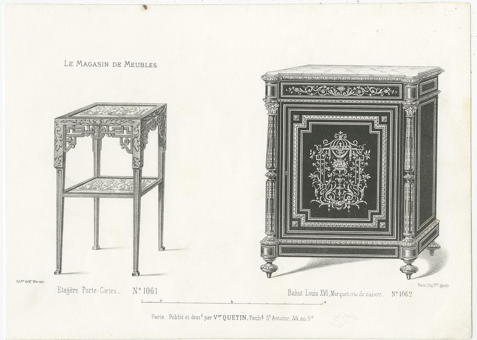 19th Century Set of 4 Antique Furniture Prints of Bahuts and Étagères by Quetin 'circa 1860' For Sale