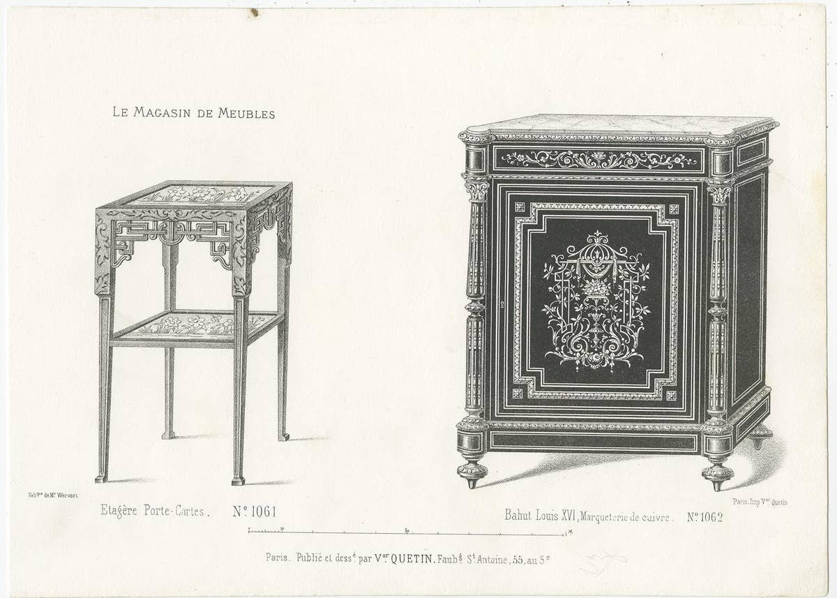 Set of 4 Antique Furniture Prints of Bahuts and Étagères by Quetin, circa 1860