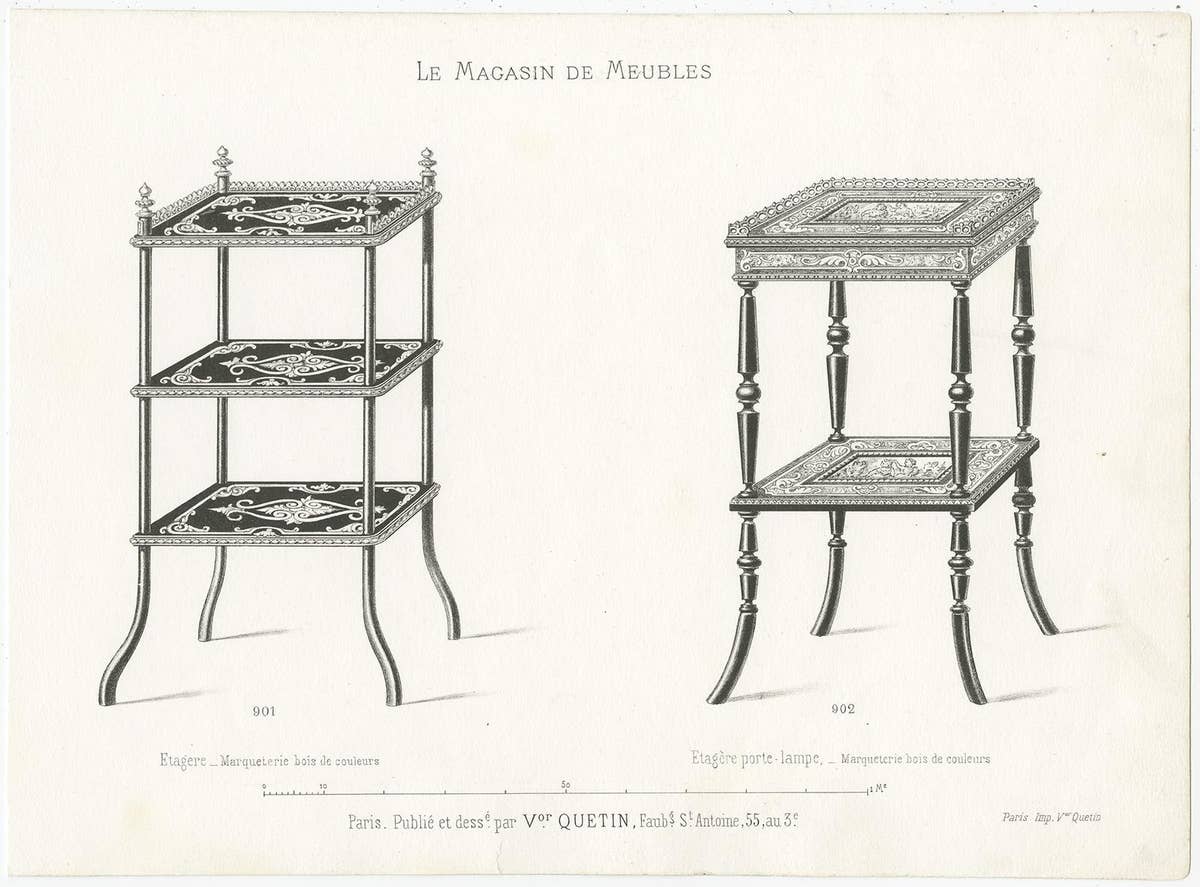 Set of 4 Antique Furniture Prints of Bahuts and Étagères by Quetin, circa 1860