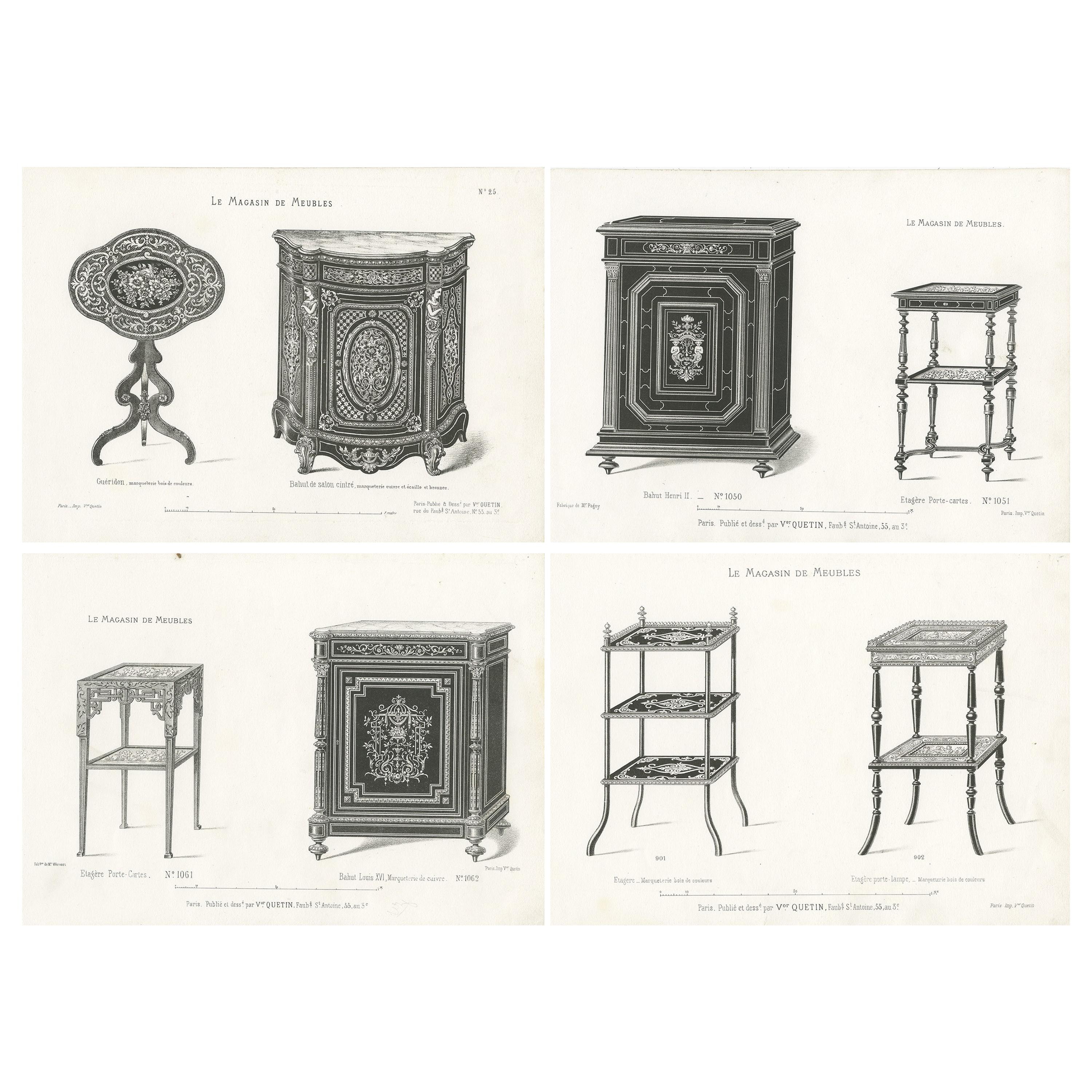 Ensemble de 4 gravures anciennes de Bahuts et Étagères par Quetin 'circa 1860'.