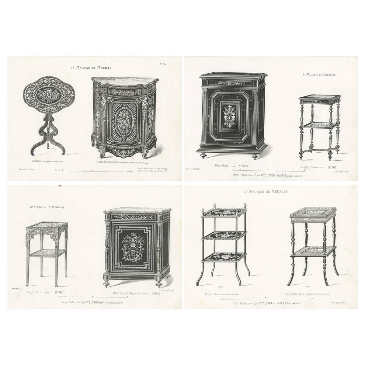 Set of 4 Antique Furniture Prints of Bahuts and Étagères by Quetin, circa 1860