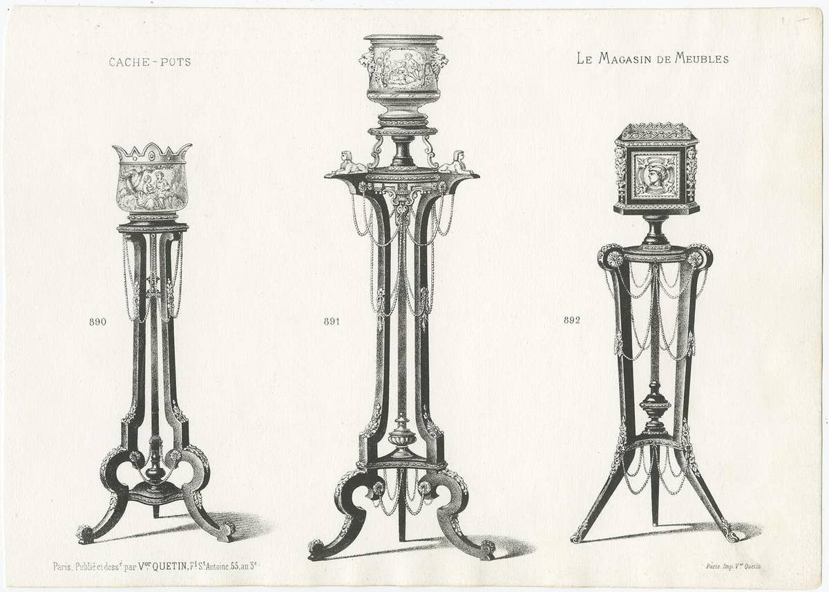 Set of 4 Antique Furniture Prints of Various Planters by Quetin, circa 1860
