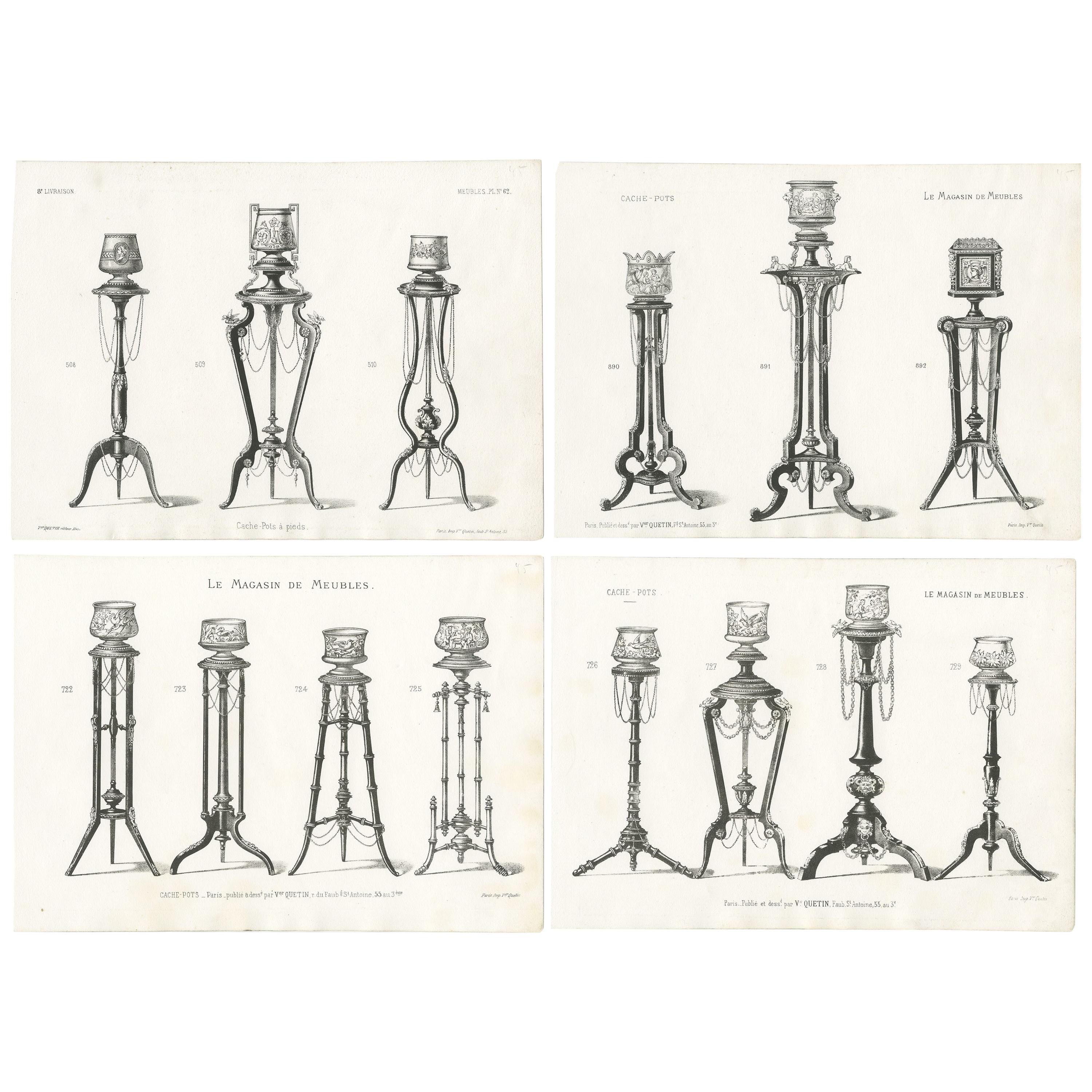 Ensemble de 4 estampes de meubles anciens représentant diverses jardinières par Quetin, datant d'environ 1860 en vente