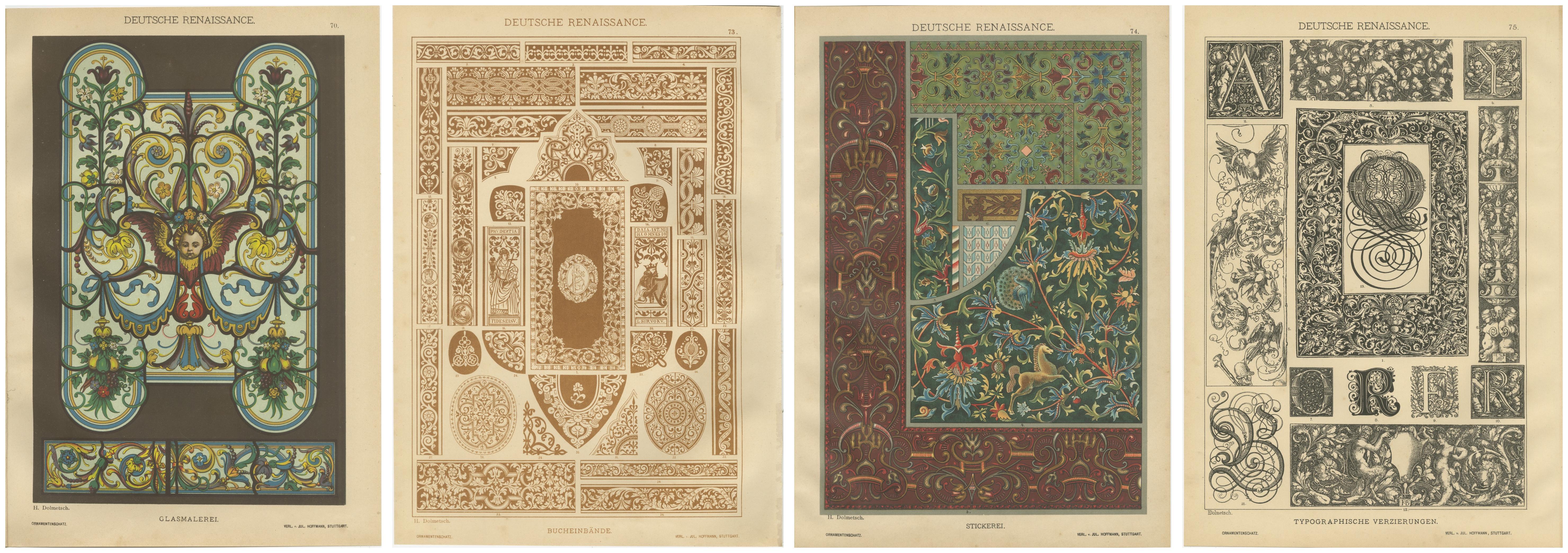 Ensemble de 4 gravures anciennes de la Renaissance allemande par H. Dolmetsch, c.1887. en vente 4