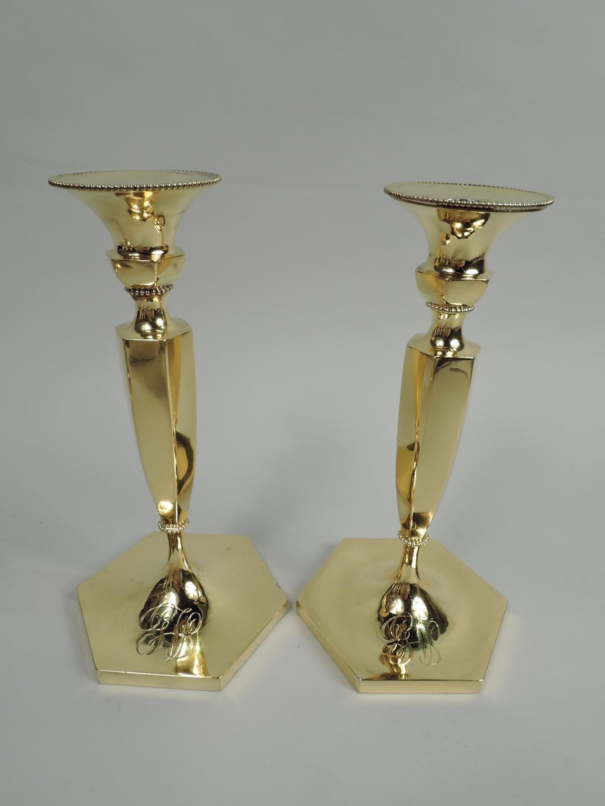 Victorian Set of 4 Antique Gilt Sterling Silver Candlesticks by New York Maker