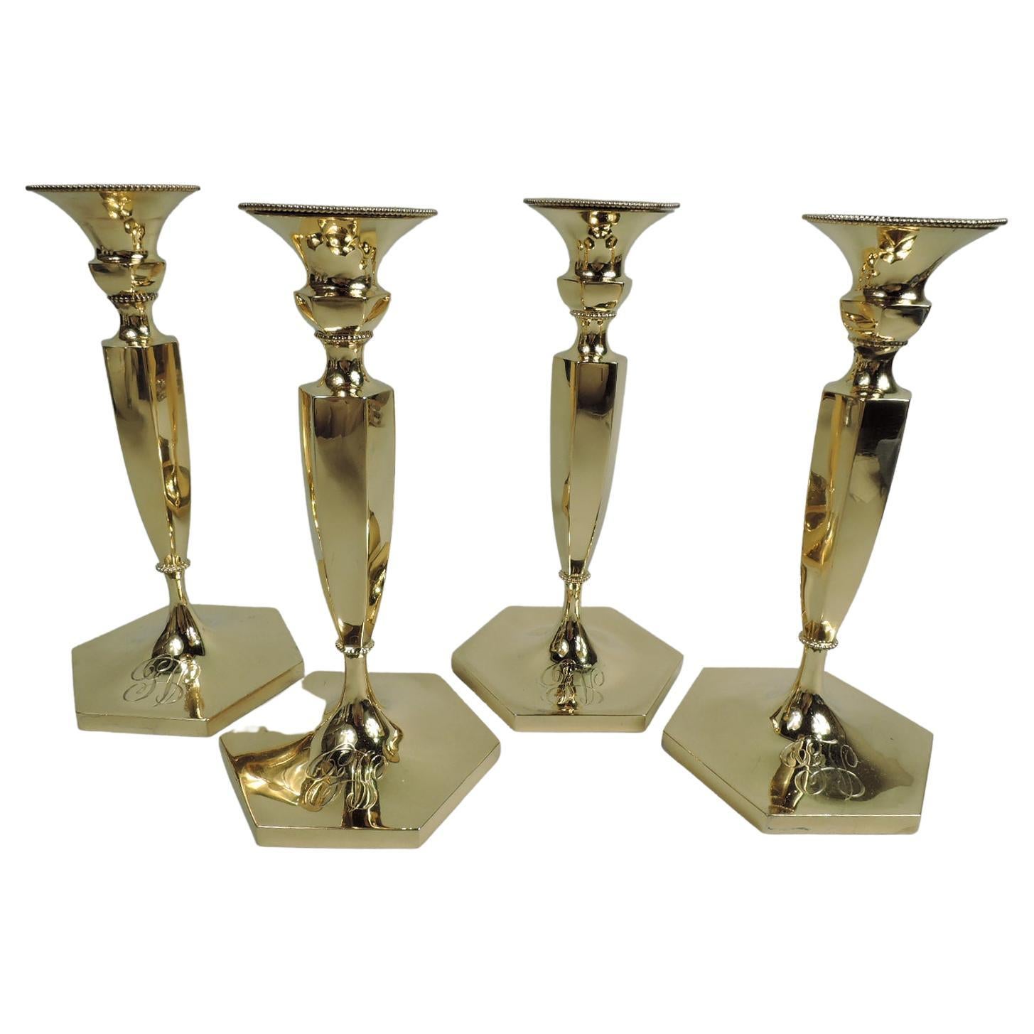 Set of 4 Antique Gilt Sterling Silver Candlesticks by New York Maker