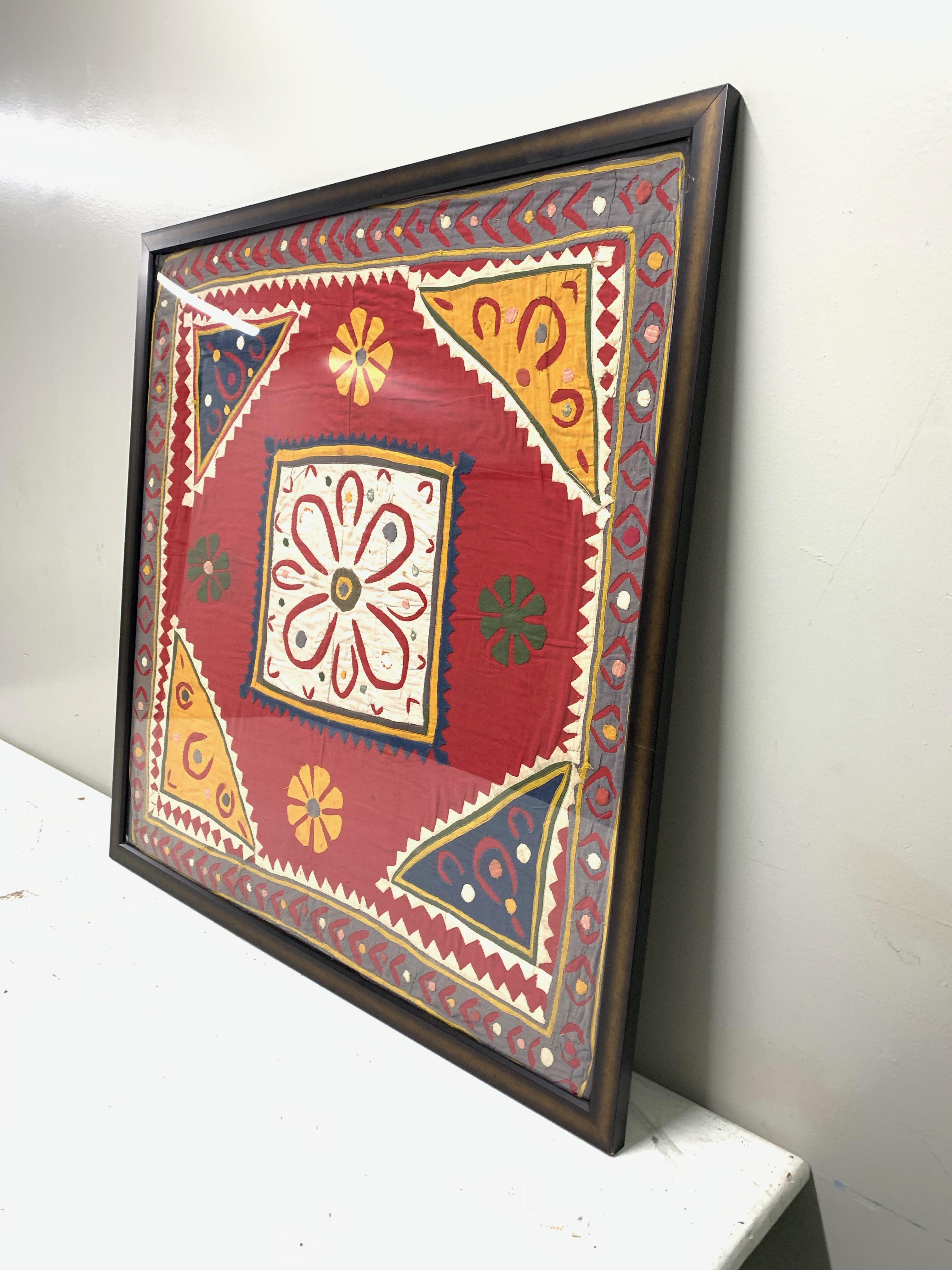 Set of 4 Antique Hand Embroidered Textile from India Framed For Sale 2