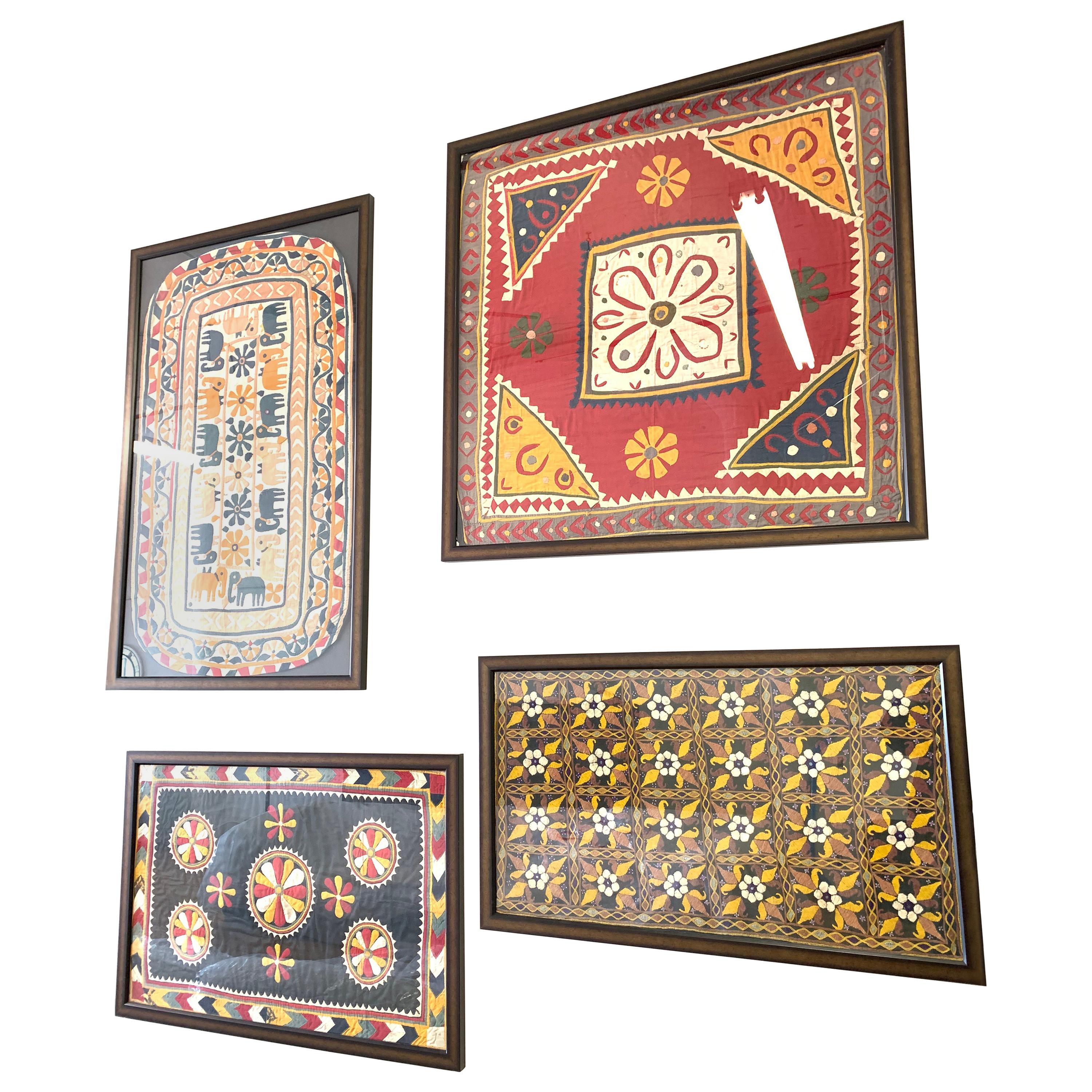 Set of 4 Antique Hand Embroidered Textile from India Framed For Sale