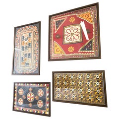 Set of 4 Antique Hand Embroidered Textile from India Framed