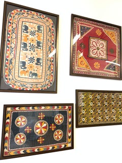 Set of 4 Antique Hand Embroidered Textile from India Framed