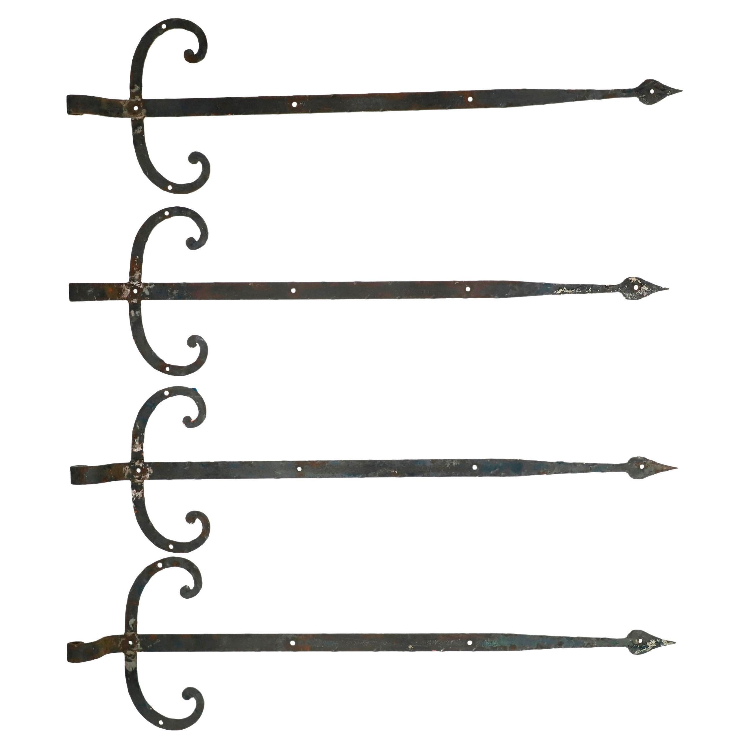 Set of 4 Antique Hand Forged Wrought Iron Strap Hinges For Sale