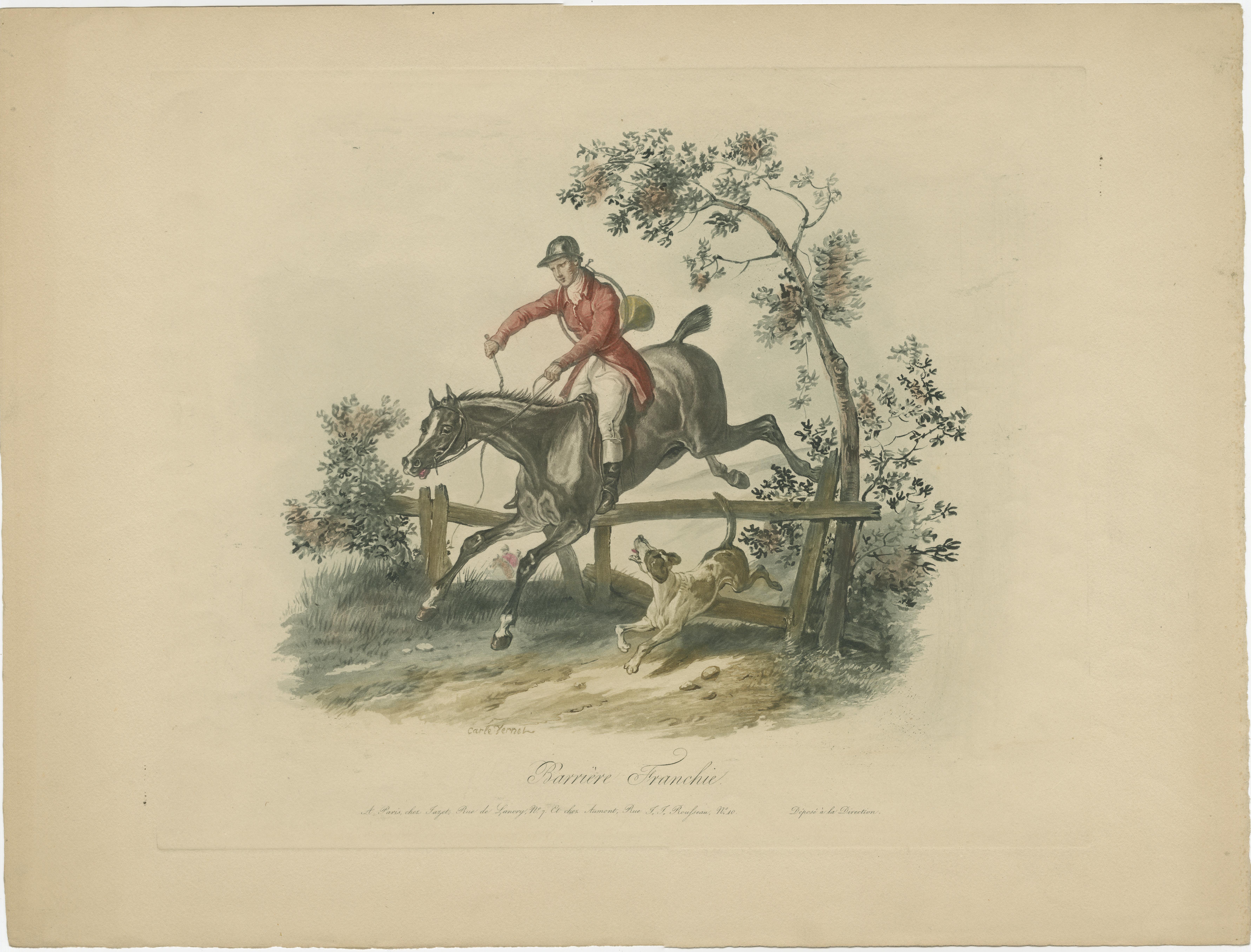 Set of 4 antique horse prints titled 'Cheval perdant la Course', 'Barrière Franchie', 'Cheval gagnant la Course' and 'Le Repos du Chasseur'. Published in Paris by Jazet.