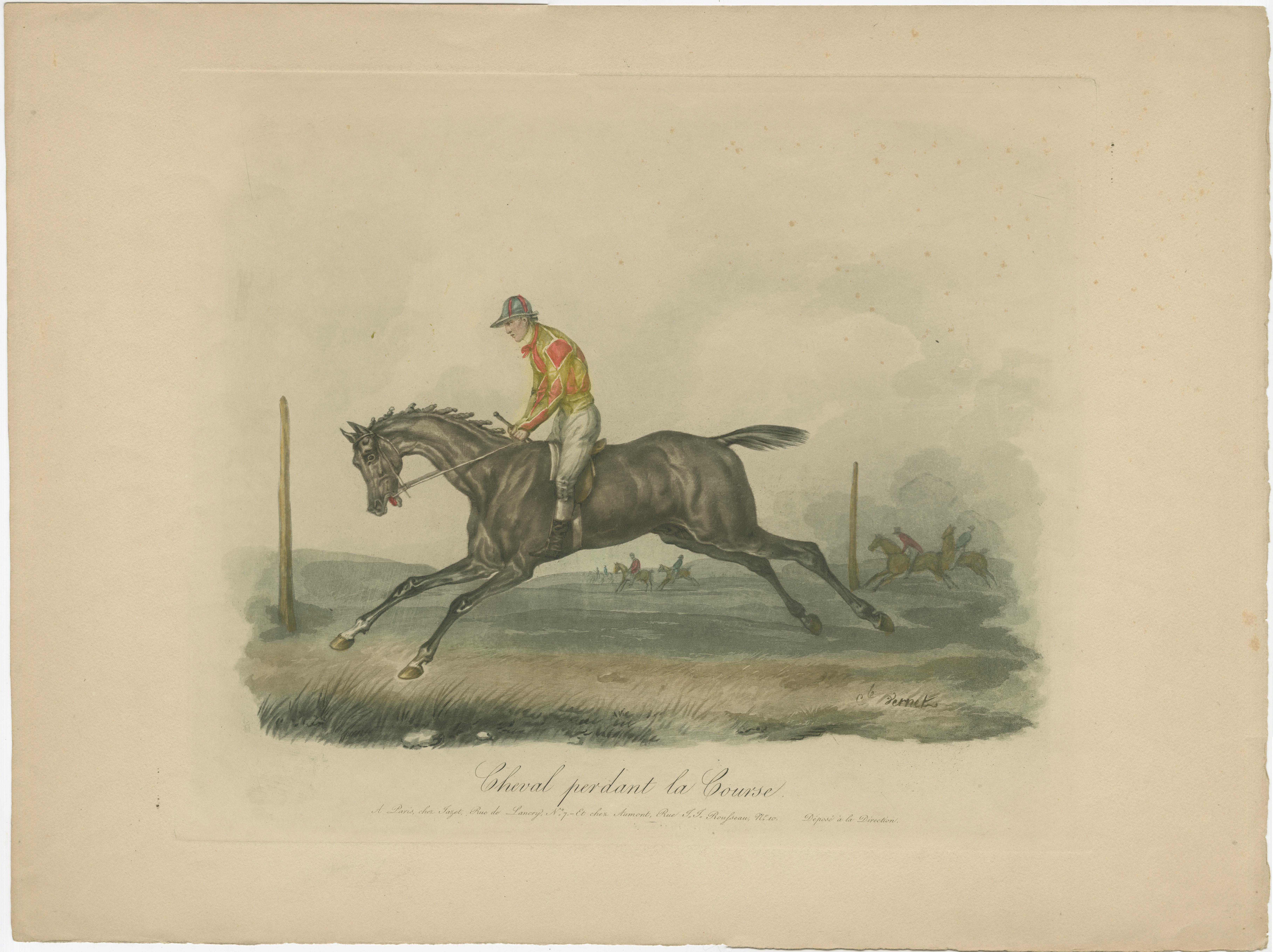 Set of 4 Antique Horse Racing Prints with Jockeys and a Dog In Fair Condition For Sale In Langweer, NL