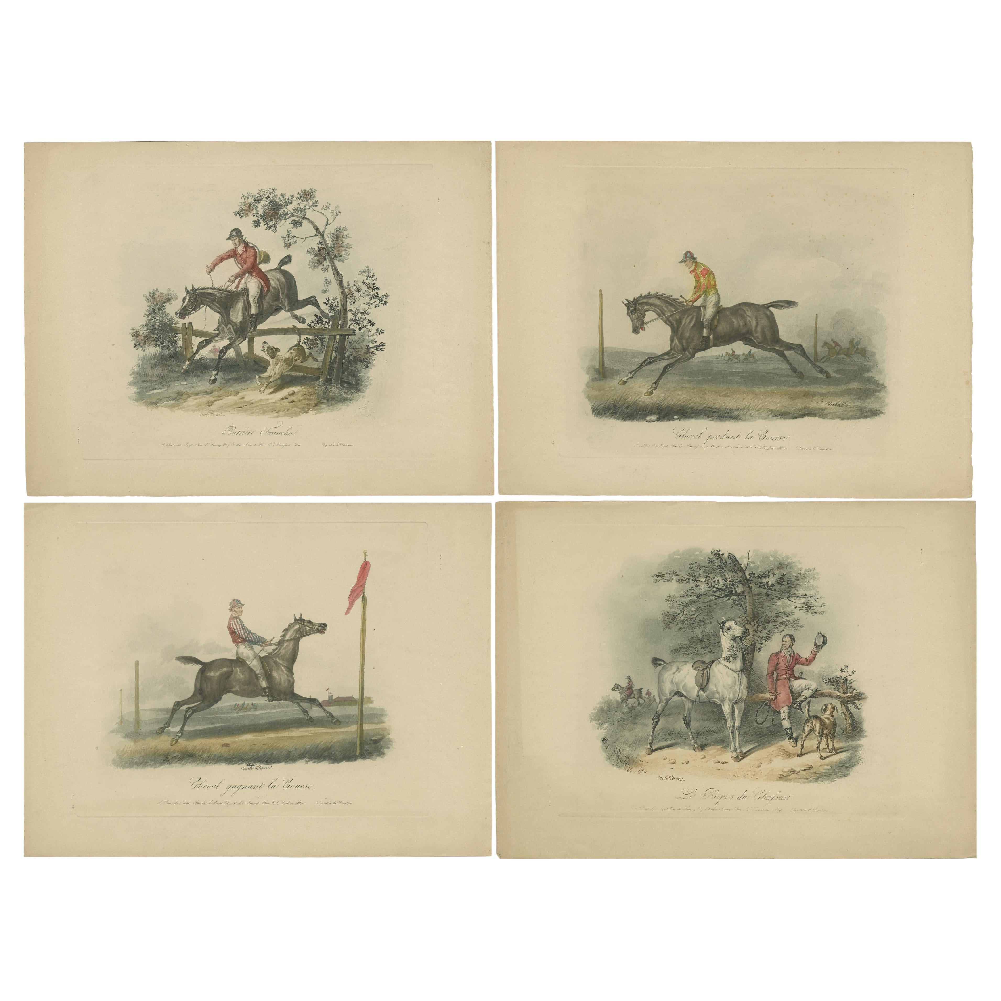 Set of 4 Antique Horse Racing Prints with Jockeys and a Dog For Sale