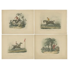 Set of 4 Antique Horse Racing Prints with Jockeys and a Dog