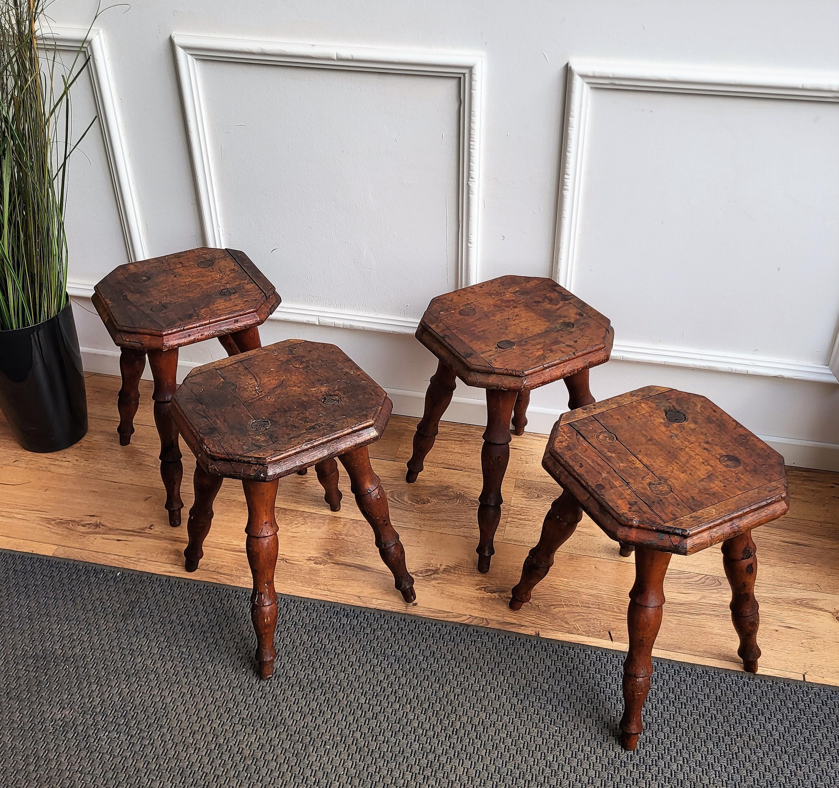 Renaissance Set of 4 Antique Italian Walnut Side Tables or Stools with Carved Turned Legs For Sale