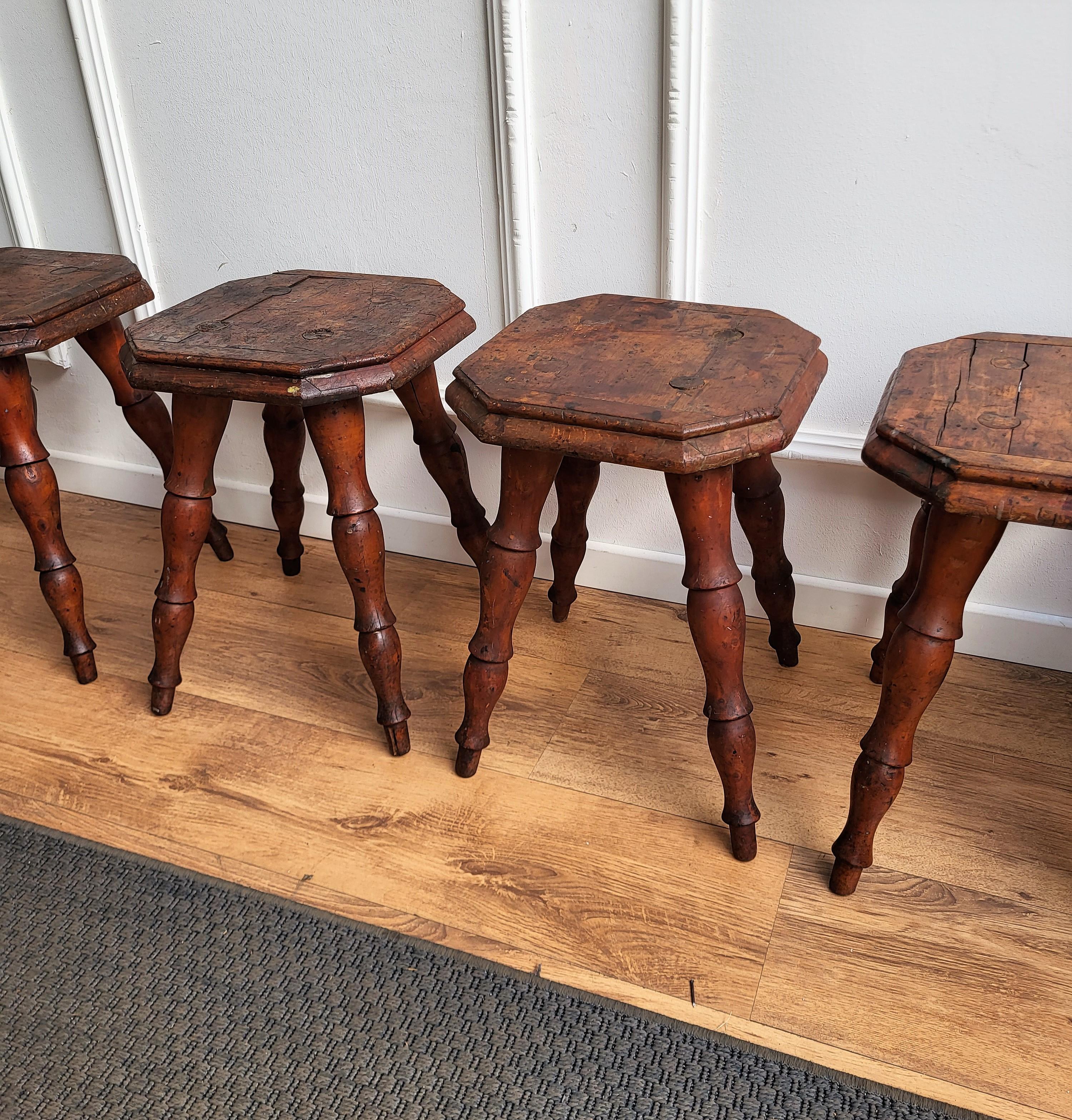 20th Century Set of 4 Antique Italian Walnut Side Tables or Stools with Carved Turned Legs For Sale