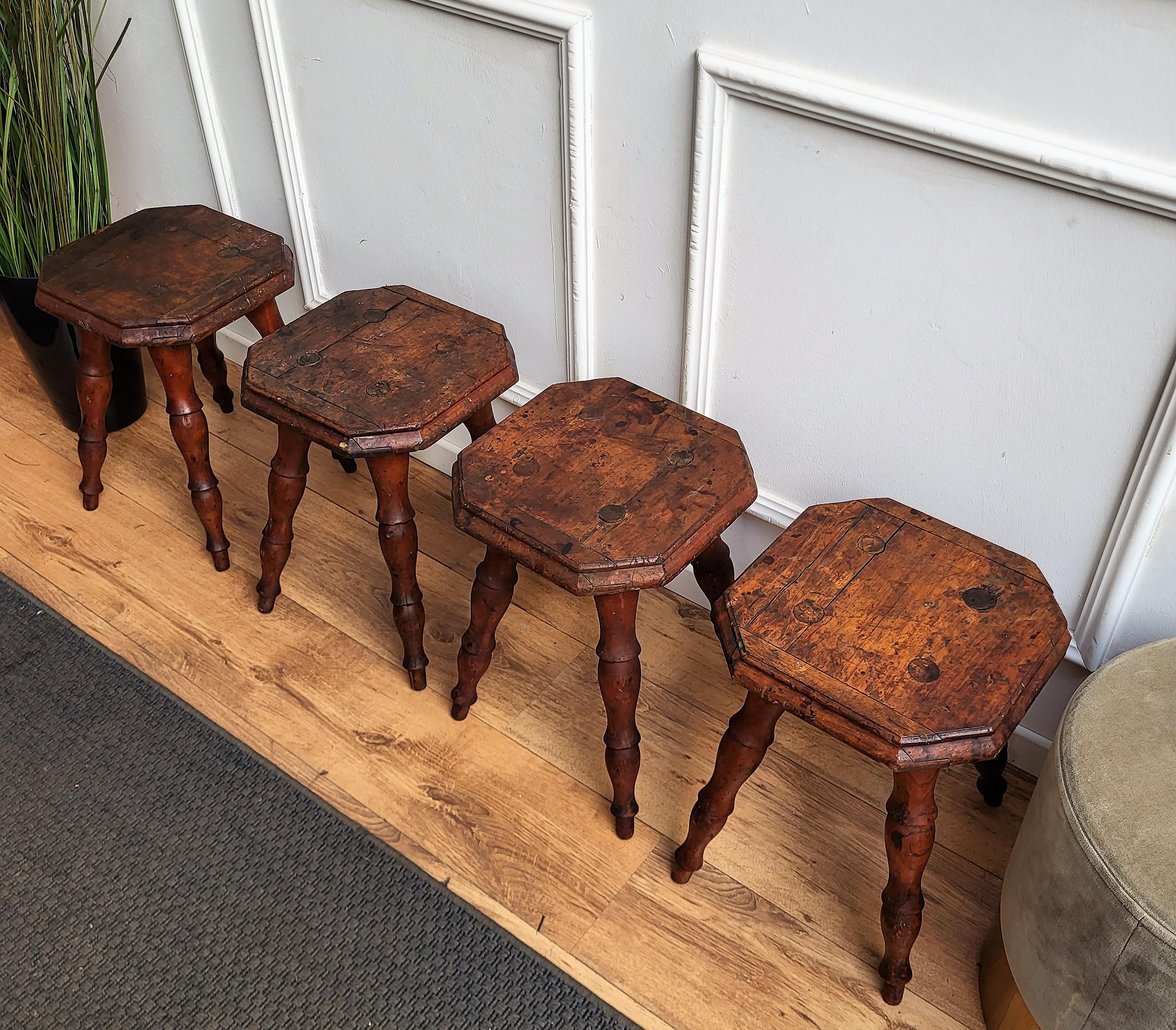 Wood Set of 4 Antique Italian Walnut Side Tables or Stools with Carved Turned Legs For Sale