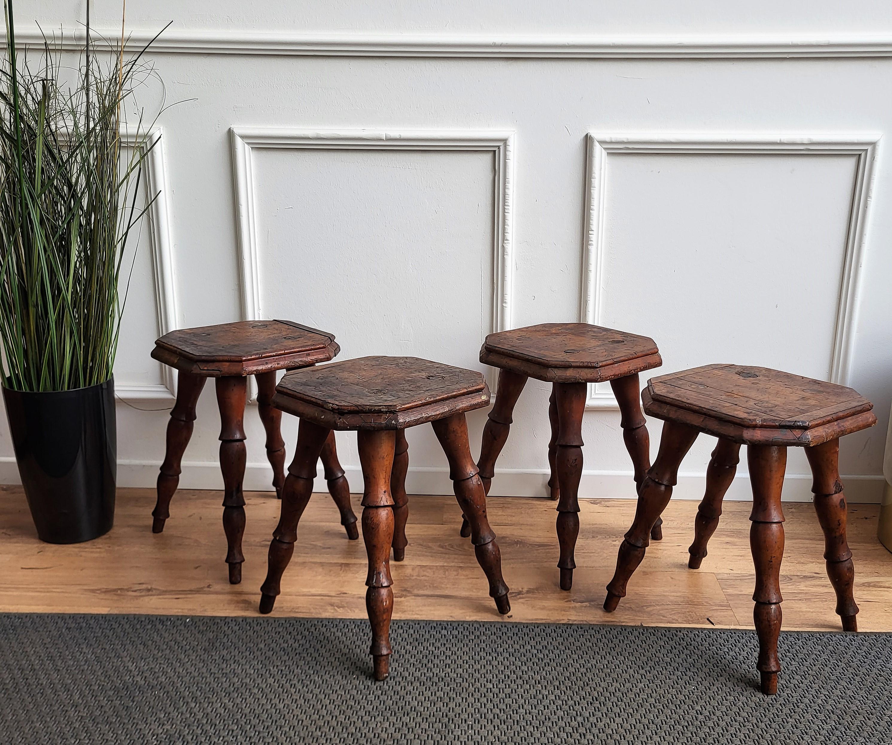 Set of 4 Antique Italian Walnut Side Tables or Stools with Carved Turned Legs For Sale 1