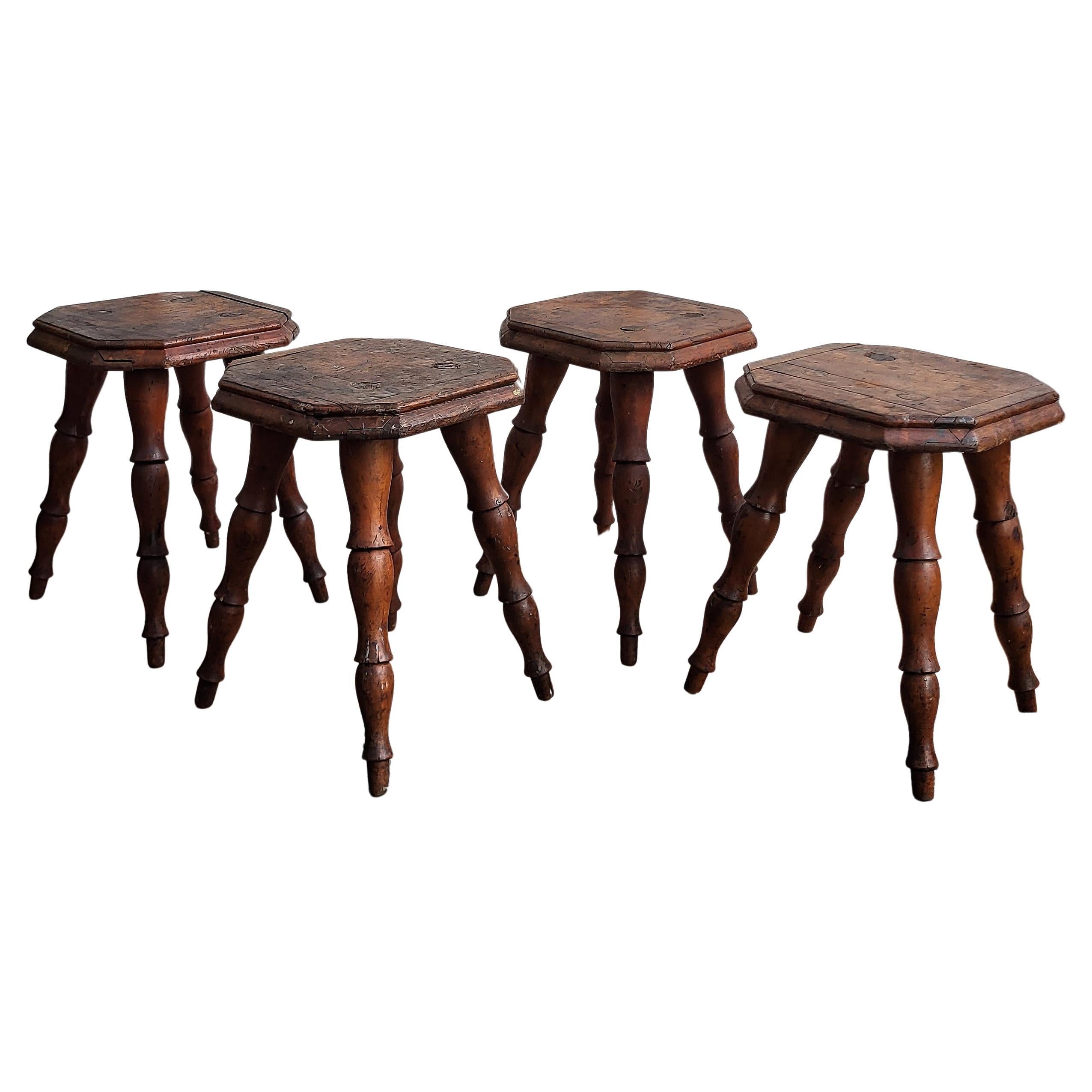 Set of 4 Antique Italian Walnut Side Tables or Stools with Carved Turned Legs For Sale