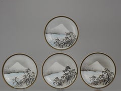 Set of 4 Antique Japanese Kutani Dinner Plates with Mount Fuji Japan Porcelain