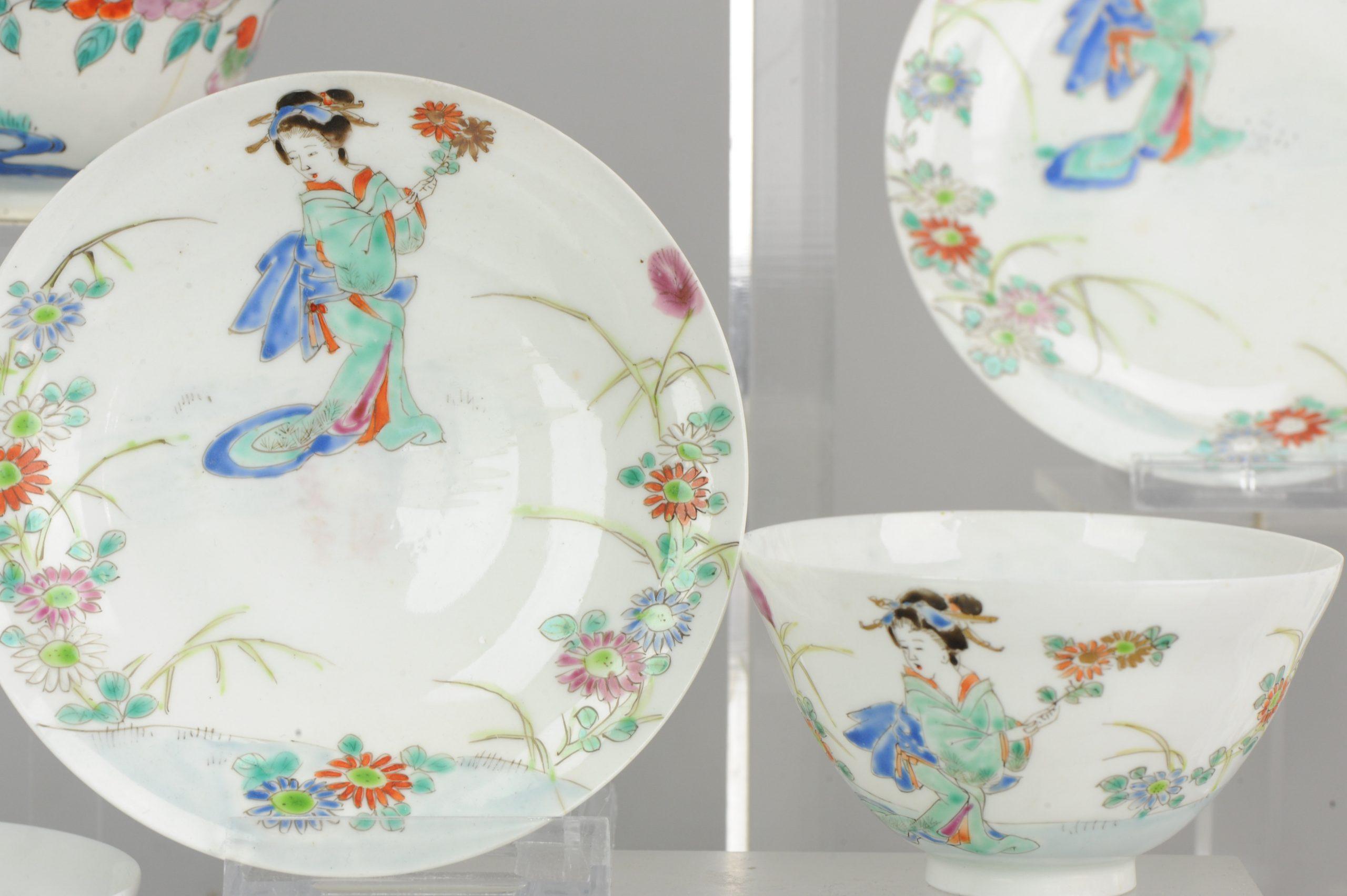 A very nice set of 4 tea bowls decorated with Women. They are marked on the base.

Additional information:
Material: Porcelain & Pottery
Type: Bowls
Region of Origin: Japan
Period: 19th century, 20th century
Age: Pre-1800
Condition: Overall