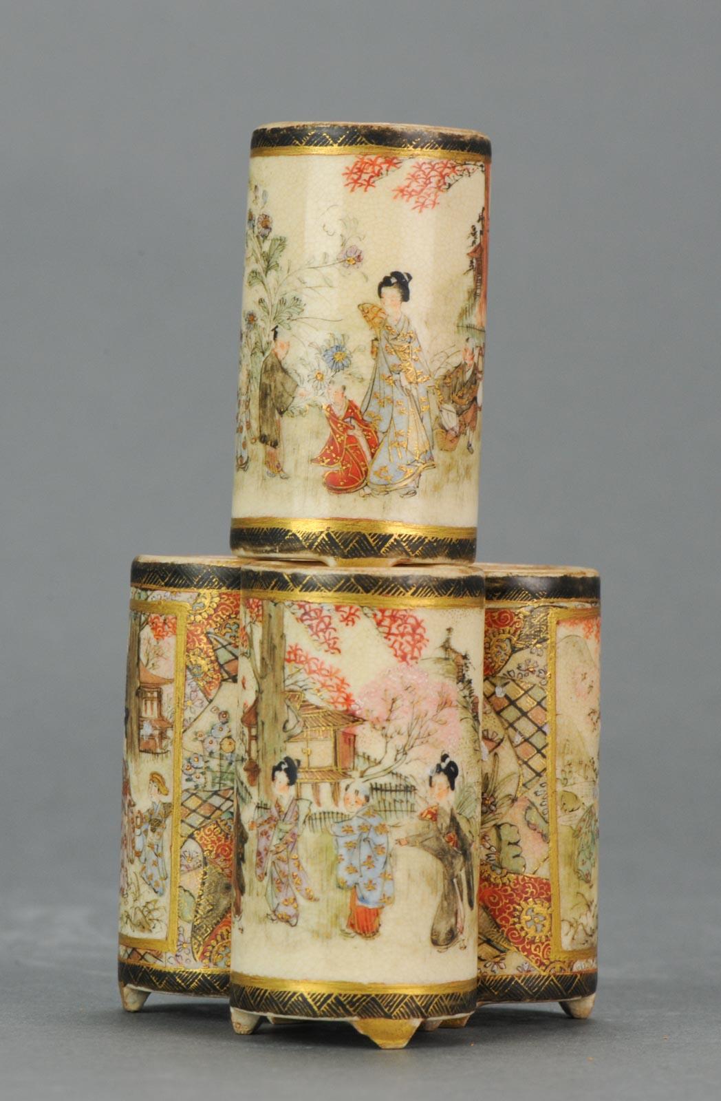 Lovely detailed pieces. Marked on base.

Additional information:
Material: Porcelain & Pottery
Region of Origin: Japan
Period: Meiji Periode (1867-1912)
Age: ca 1900
Original/Reproduction: Original
Condition: Overall Condition C (Used) Rimfritting,