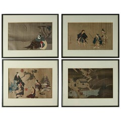 Set of 4 Antique Japanese Woodblock Prints with Figures, 19th Century