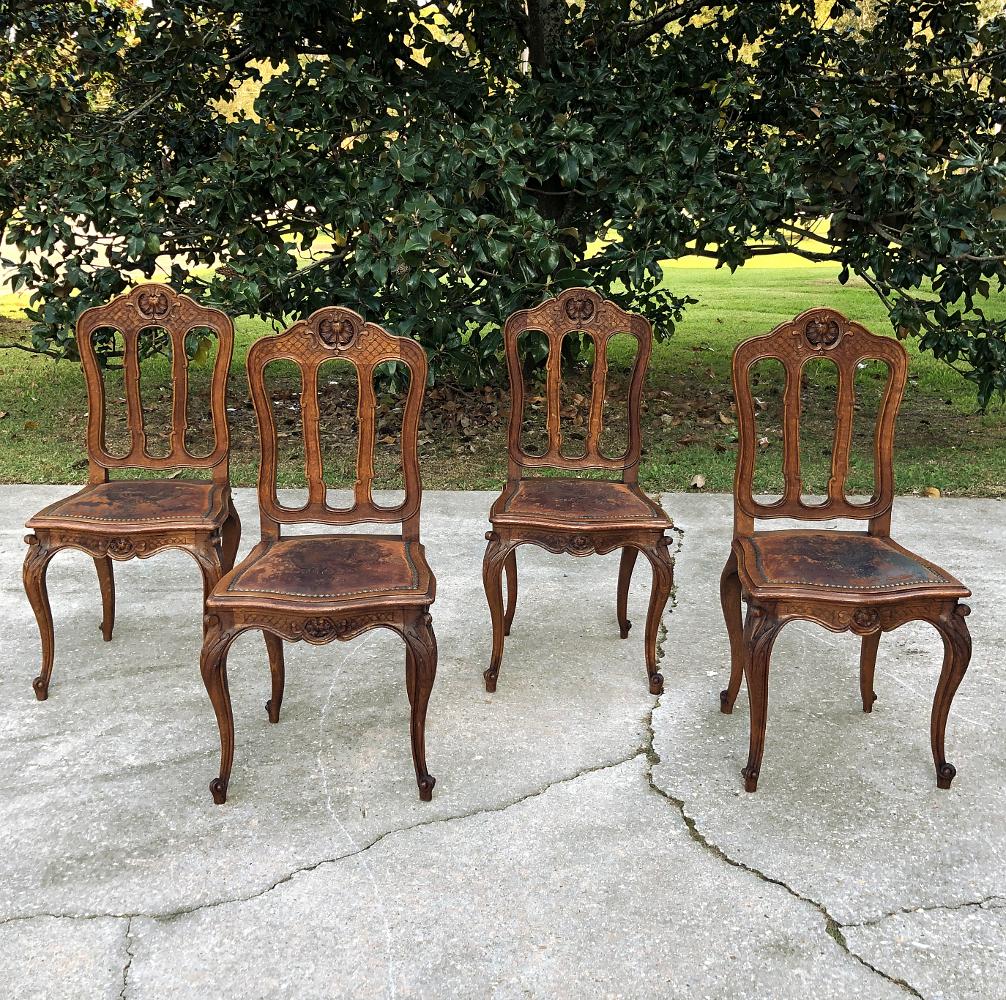 Louis XIV Set of 4 Antique Liegoise Chairs with Embossed Leather Seats For Sale