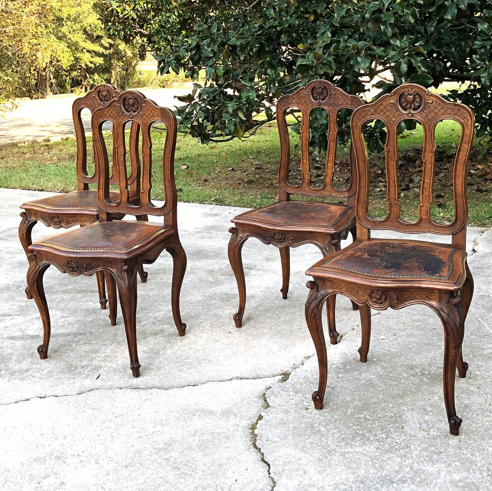 Belgian Set of 4 Antique Liegoise Chairs with Embossed Leather Seats For Sale