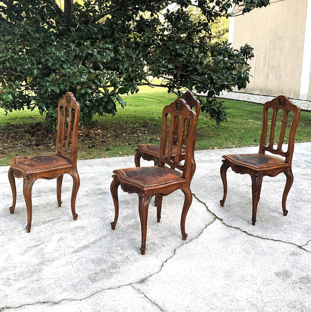 Hand-Crafted Set of 4 Antique Liegoise Chairs with Embossed Leather Seats For Sale