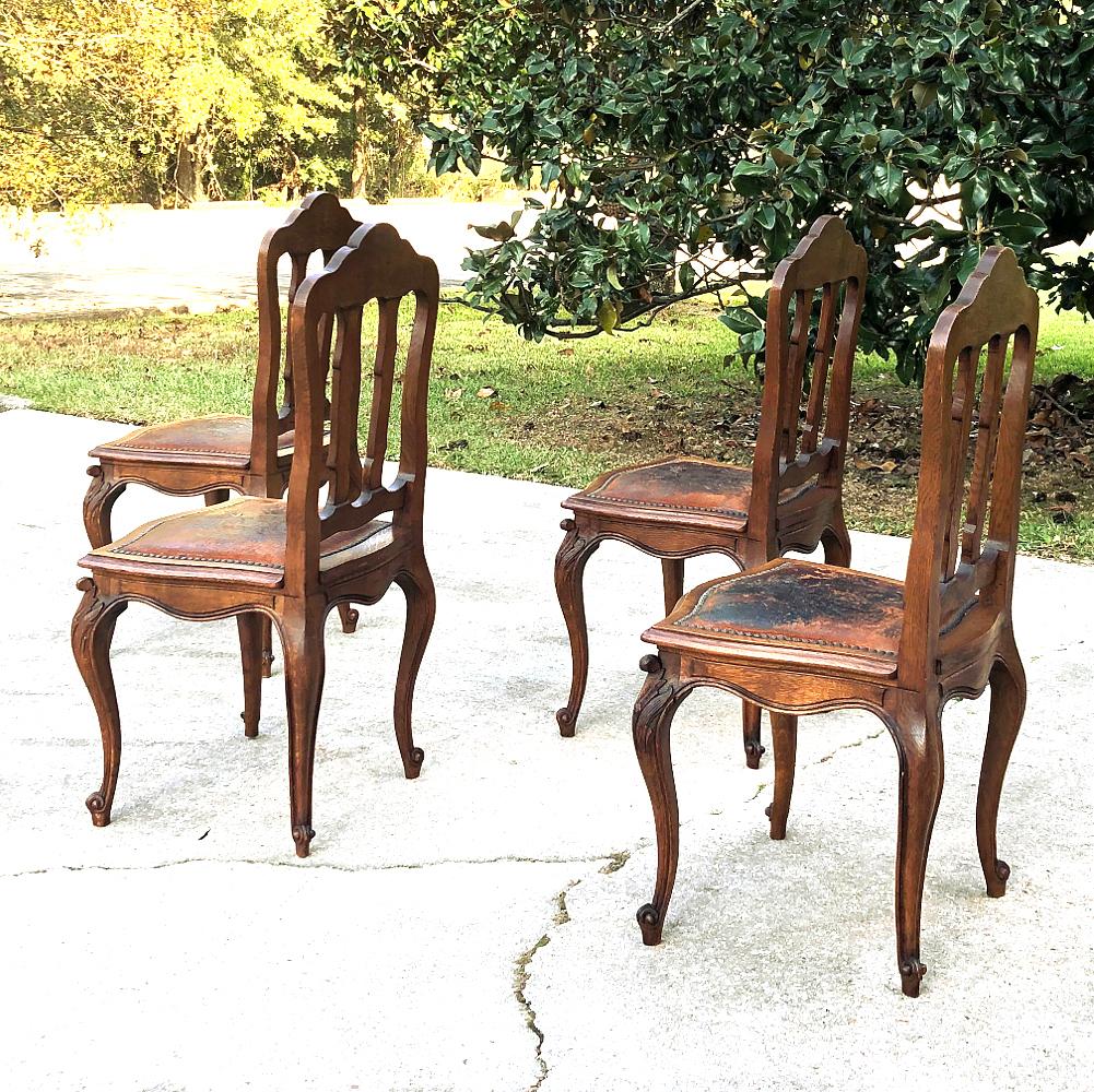 Set of 4 Antique Liegoise Chairs with Embossed Leather Seats In Good Condition For Sale In Dallas, TX