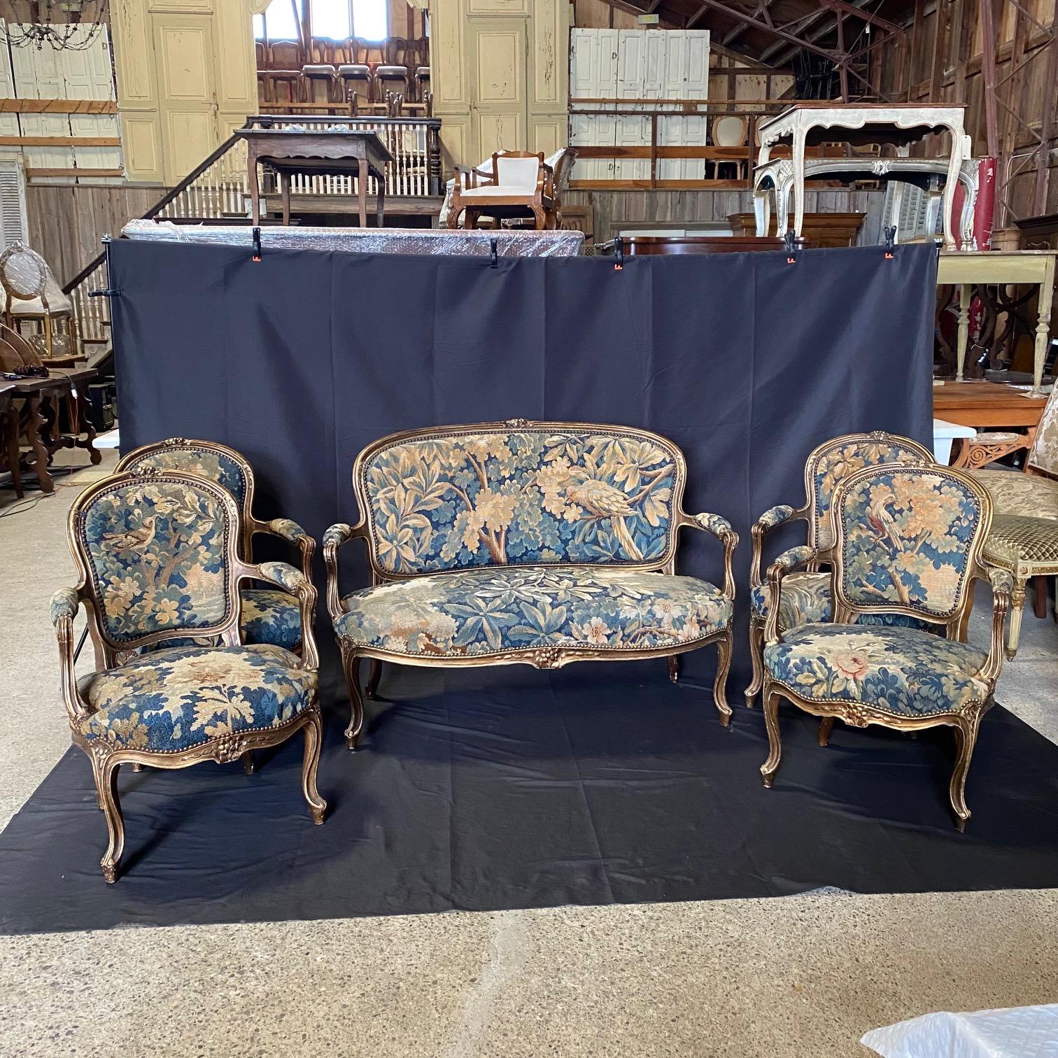 Set di 4 poltrone antiche Luigi XV con arazzo a forma di uccello in vendita 12