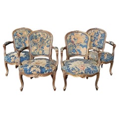 Set di 4 poltrone antiche Luigi XV con arazzo a forma di uccello