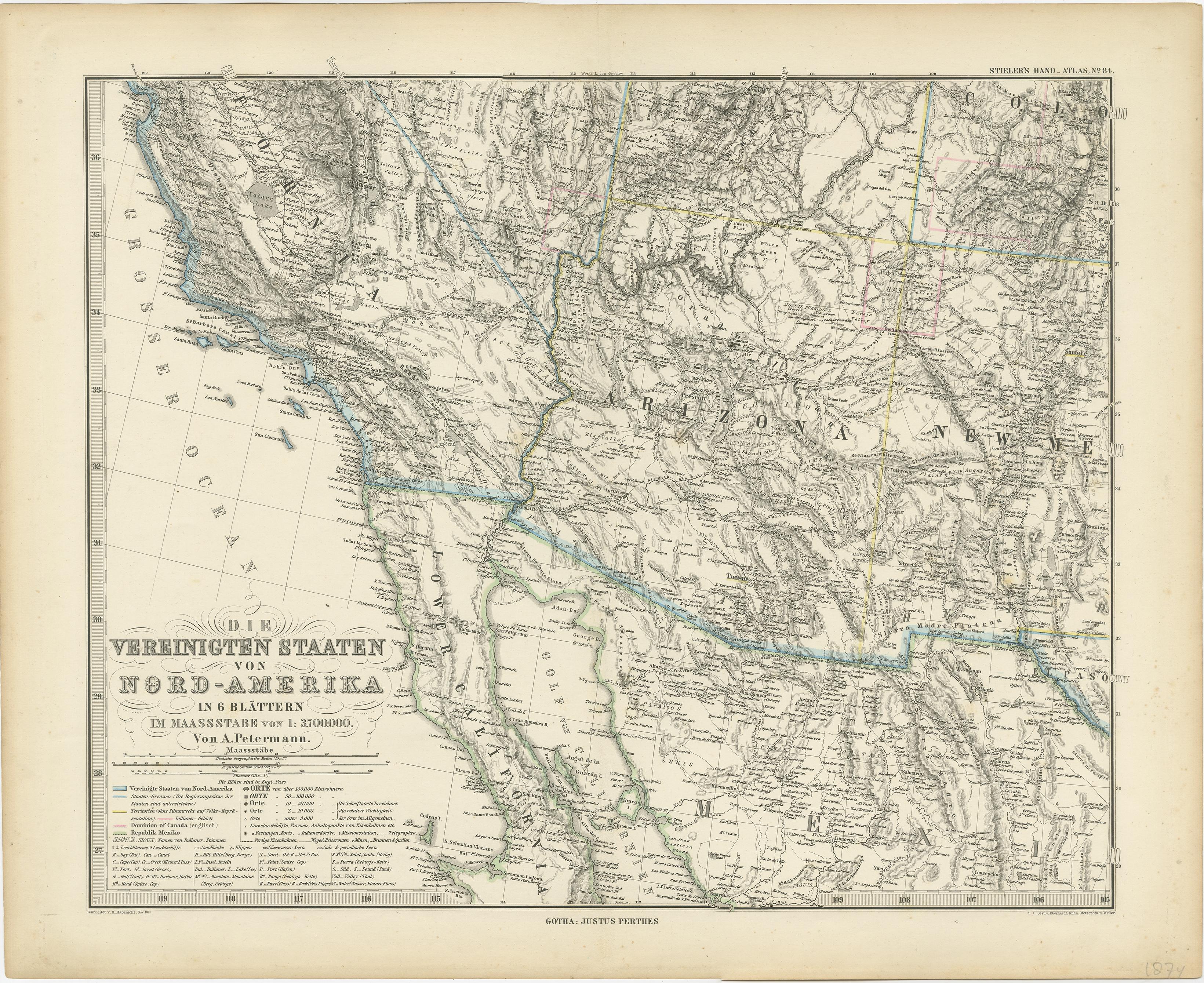 Set of four individual antique maps of part of the United States. Published as part of a set of six individual maps. 

These maps originate from Stielers Handatlas, published circa 1874. Stielers Handatlas (after Adolf Stieler, 1775–1836), formally