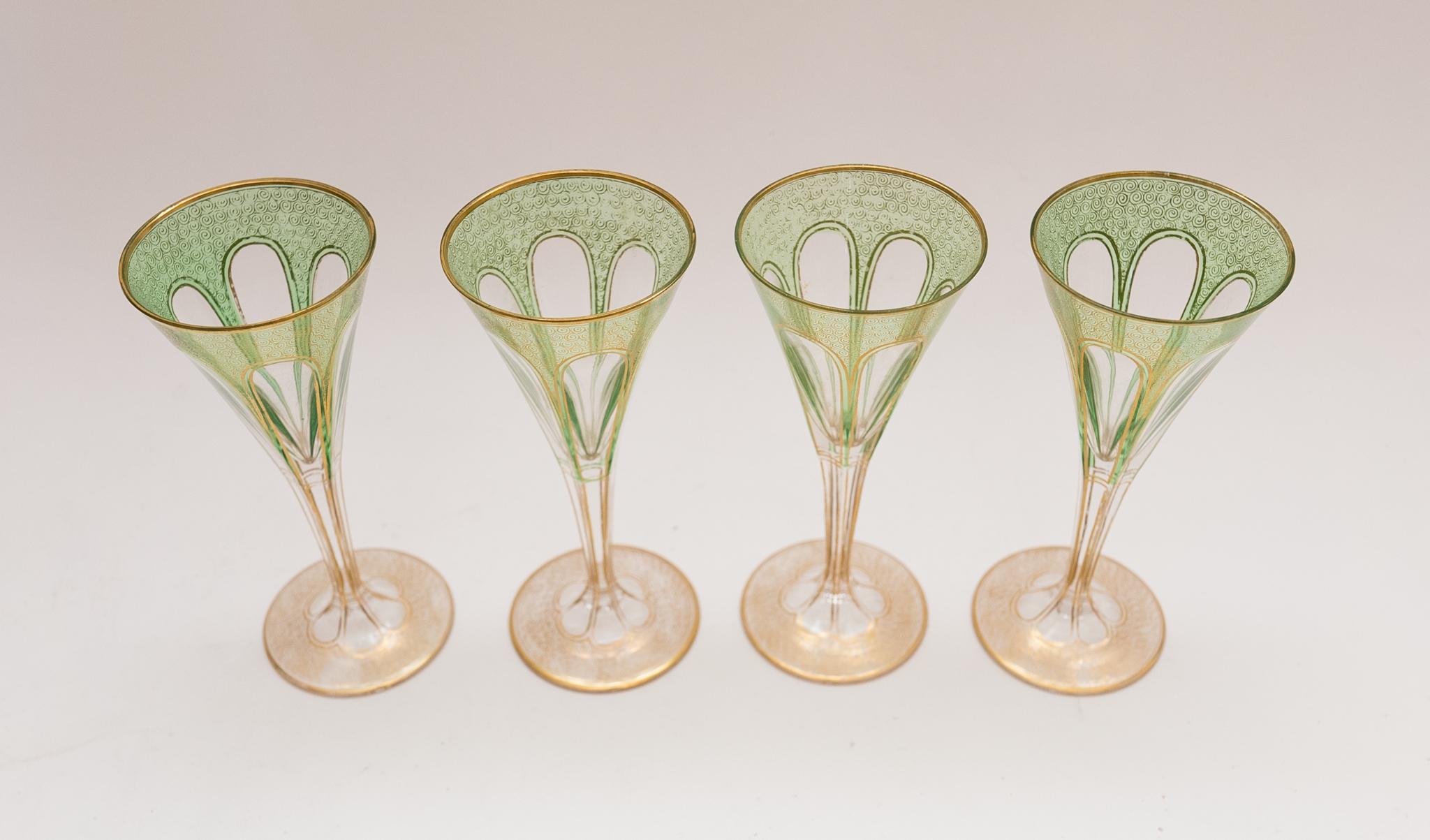 Hand-Crafted Set of 4 Antique Moser Green & Gilt Crystal Champagne or Cocktail Glasses