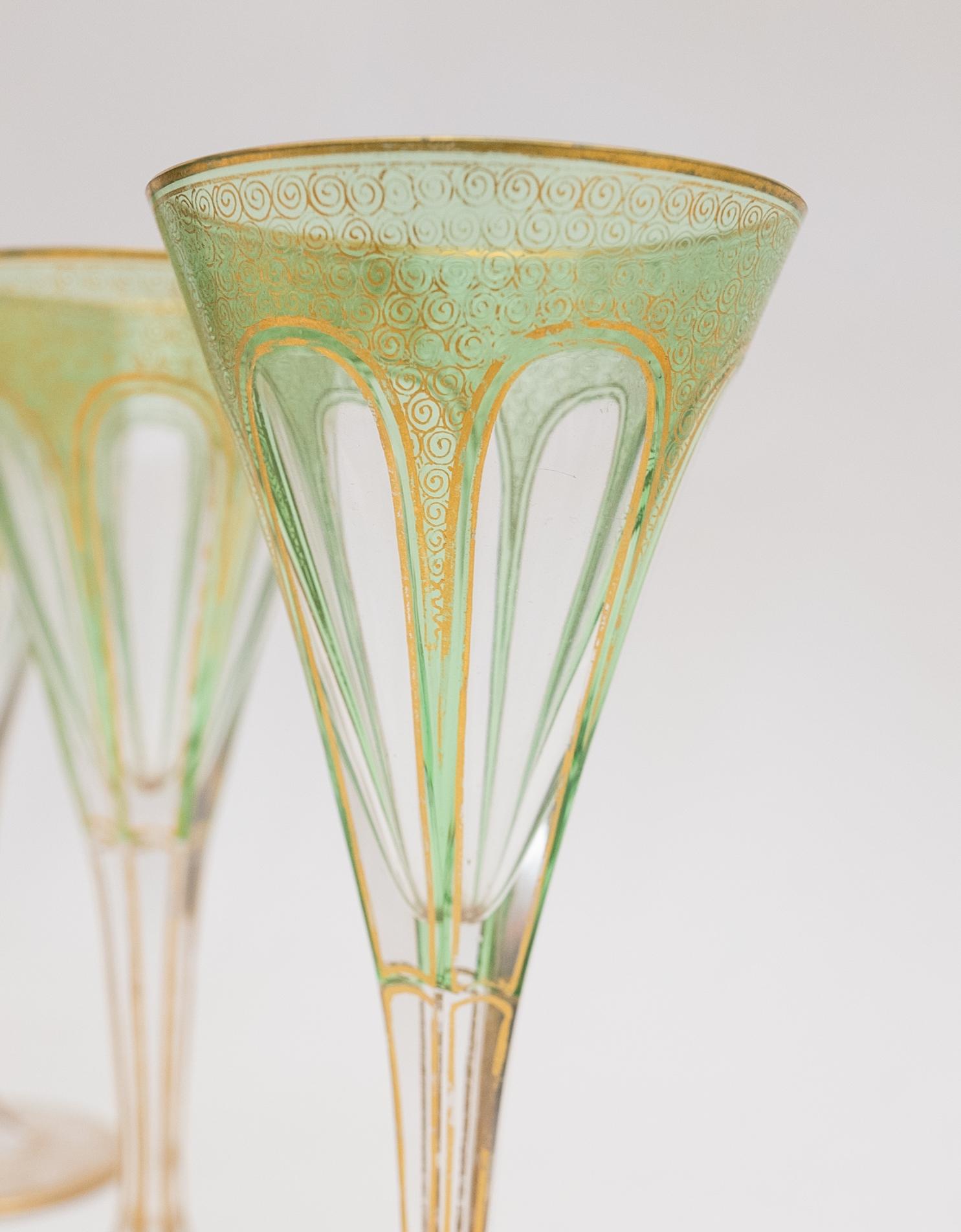 Late 19th Century Set of 4 Antique Moser Green & Gilt Crystal Champagne or Cocktail Glasses