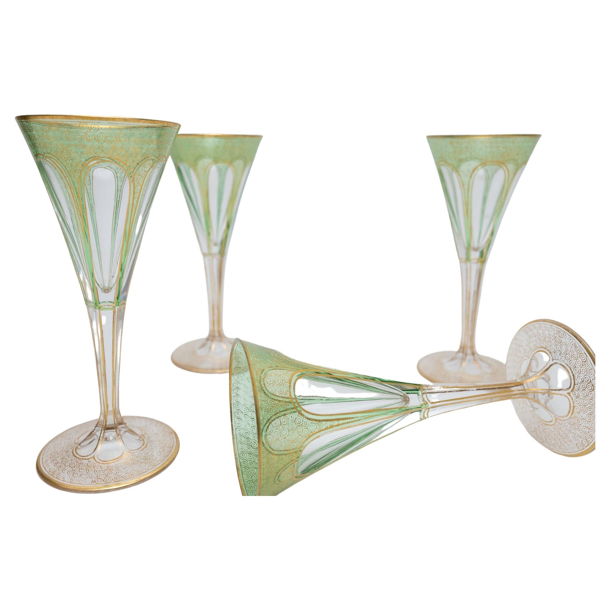Set of 4 Antique Moser Green and Gilt Crystal Champagne or Cocktail Glasses  For Sale at 1stDibs