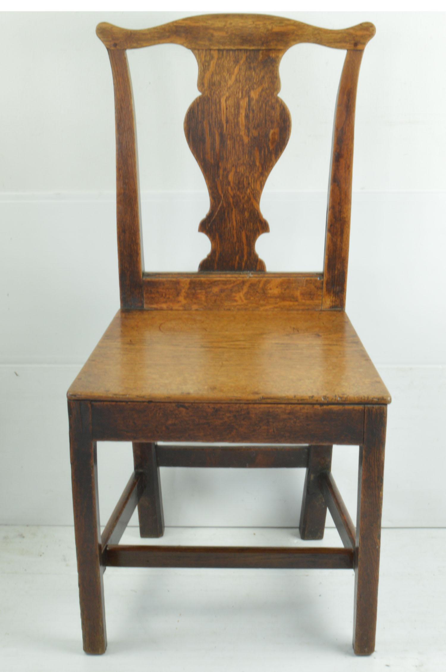 Folk Art Set of 4 Antique Oak Country Chippendale Chairs, English, 18th Century