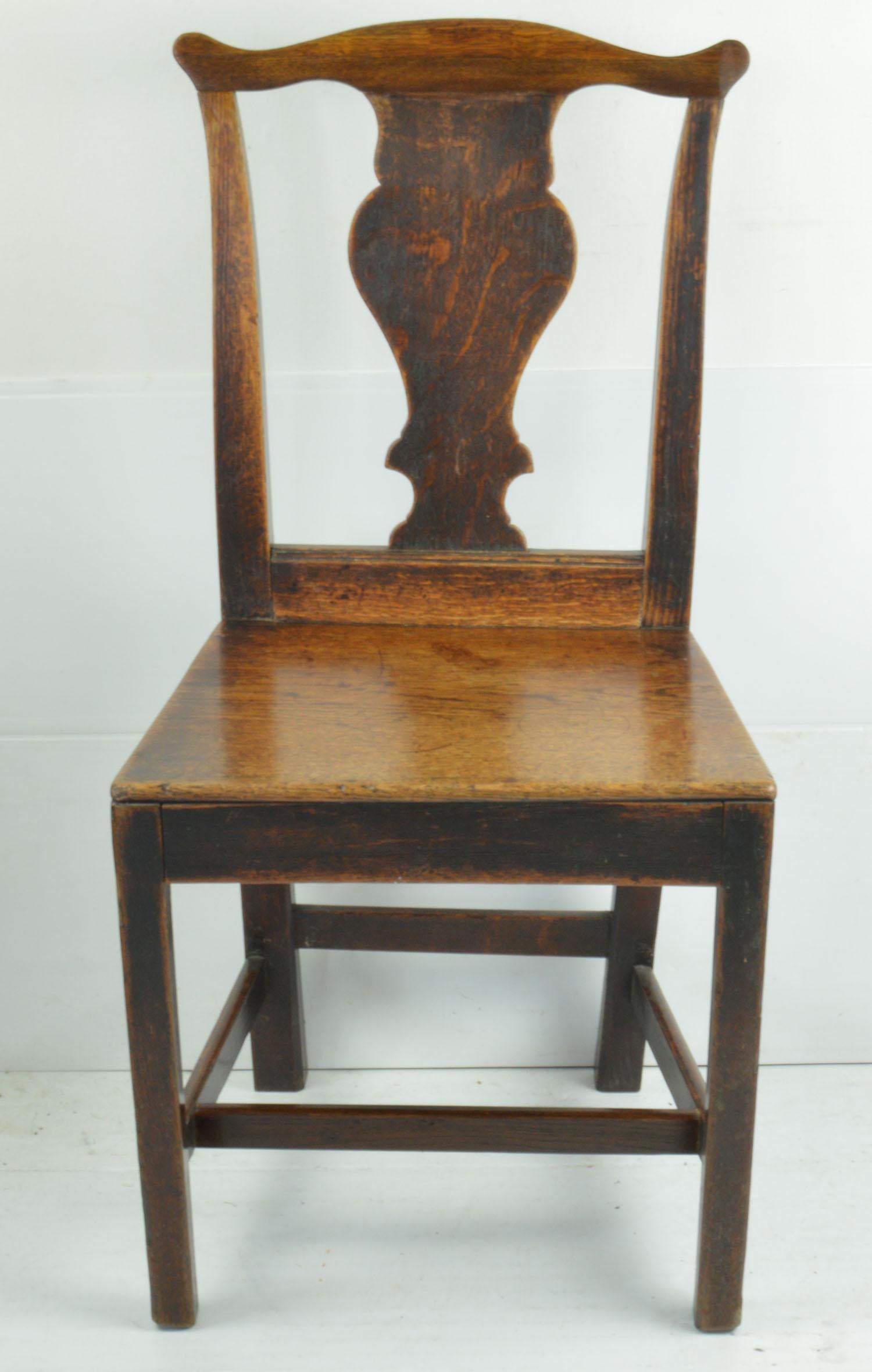 Folk Art Set of 4 Antique Oak Country Chippendale Chairs, English, 18th Century