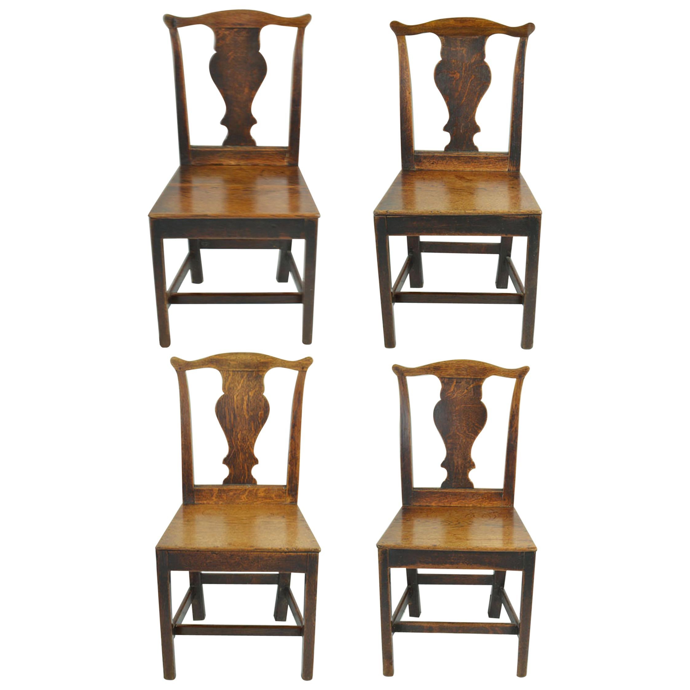 Set of 4 Antique Oak Country Chippendale Chairs, English, 18th Century
