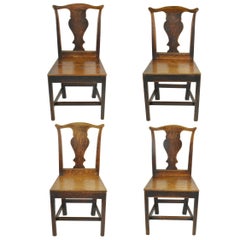 Set of 4 Antique Oak Country Chippendale Chairs, English, 18th Century