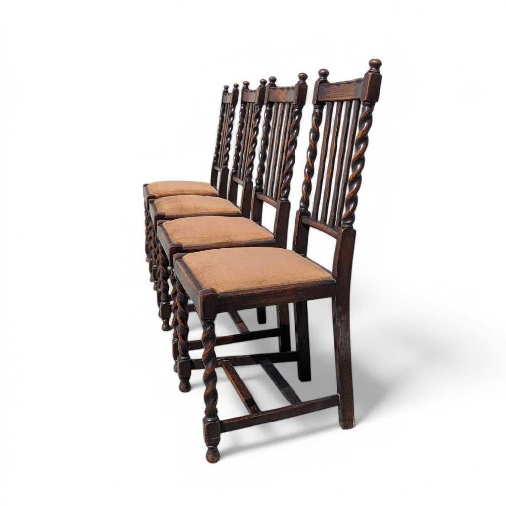 Set of 4 Antique Oak Dining Chairs, Barley Twist Legs, Velvet Seats, c. 1930s For Sale 2