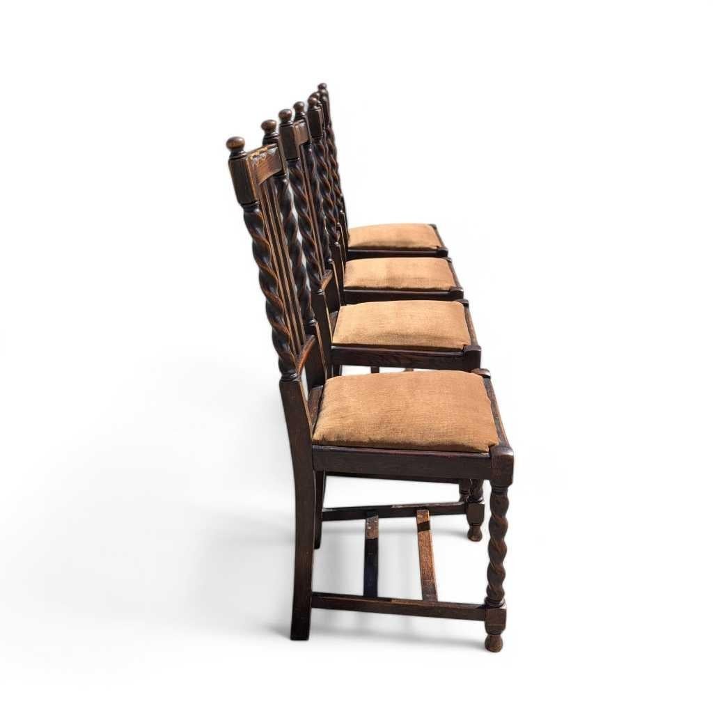 Set of 4 Antique Oak Dining Chairs, Barley Twist Legs, Velvet Seats, c. 1930s For Sale 3