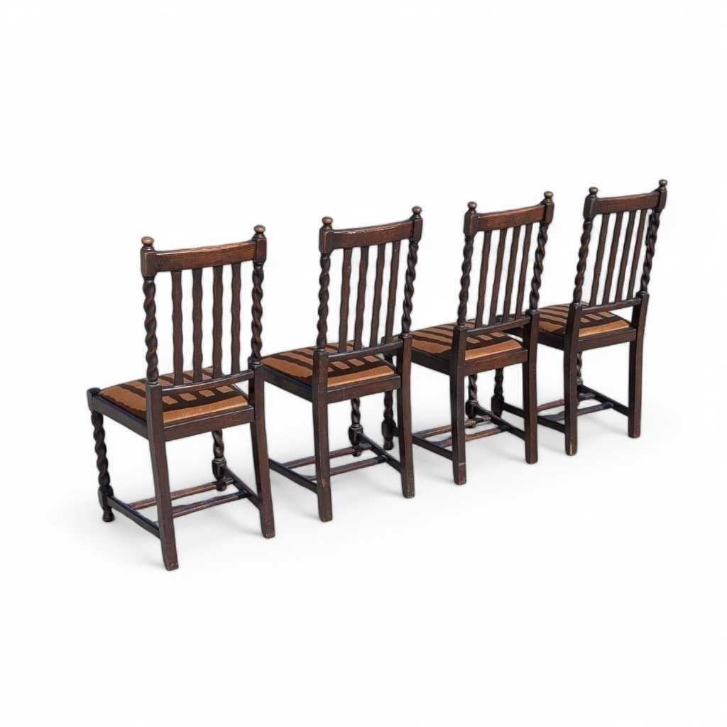 Set of 4 Antique Oak Dining Chairs, Barley Twist Legs, Velvet Seats, c. 1930s For Sale 4